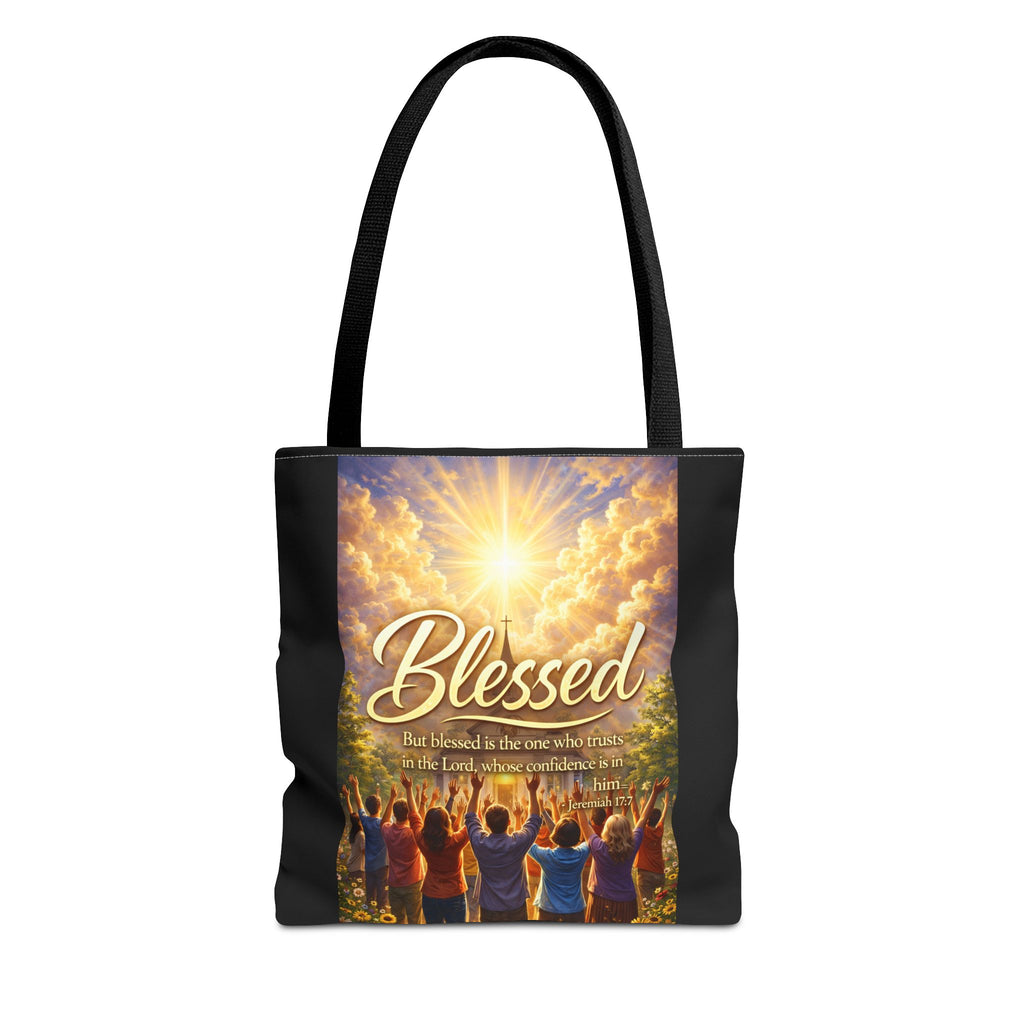 Blessed Script Tote Bag | Inspirational Religious Quote, All-Over Print