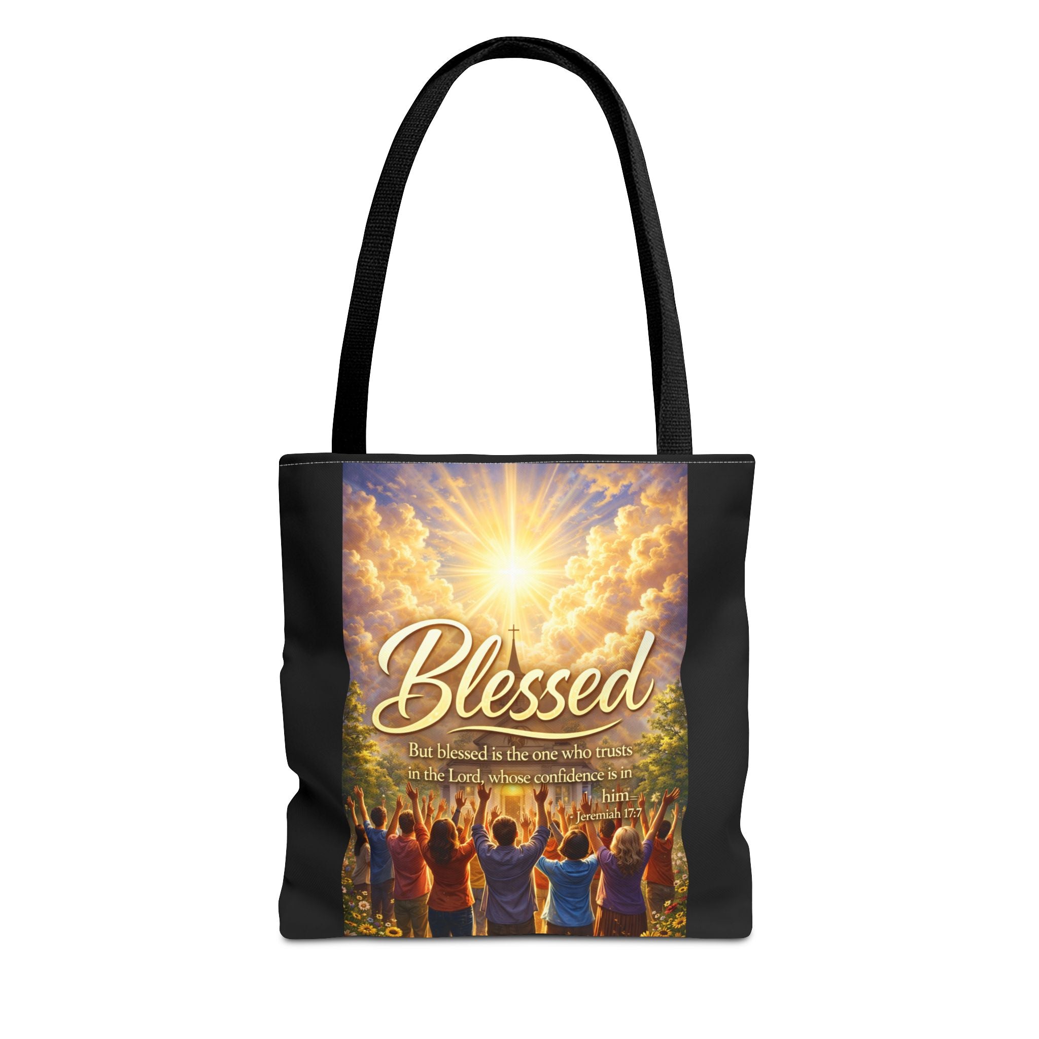 Blessed Script Tote Bag | Inspirational Religious Quote, All-Over Print