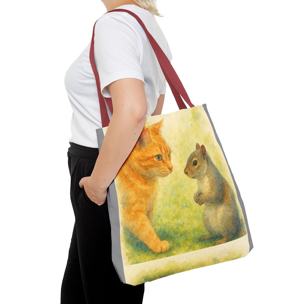 Tote Bag - Watercolor Cat and Squirrel, Cute Animal Print, Carry-All Shoulder Bag, Reusable Shopping Tote, Gift for Animal Lovers