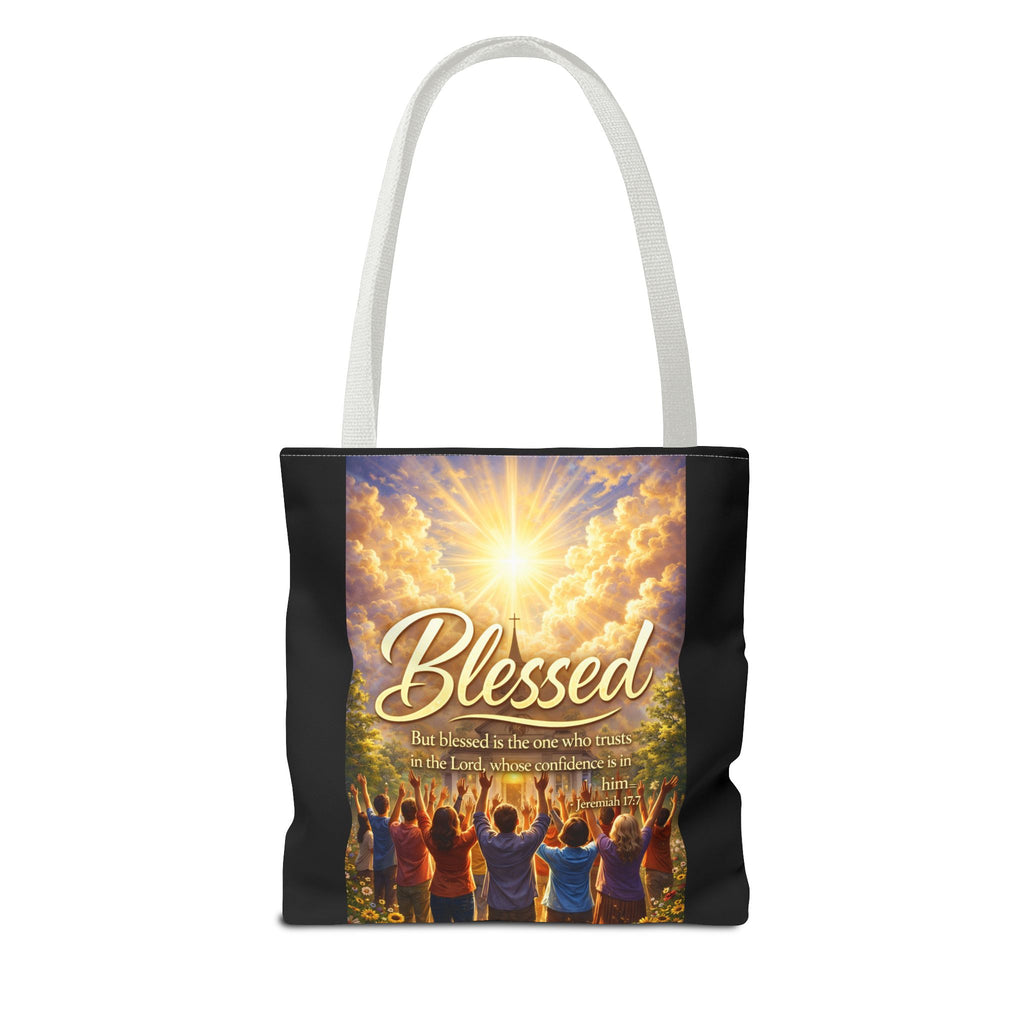 Blessed Script Tote Bag | Inspirational Religious Quote, All-Over Print