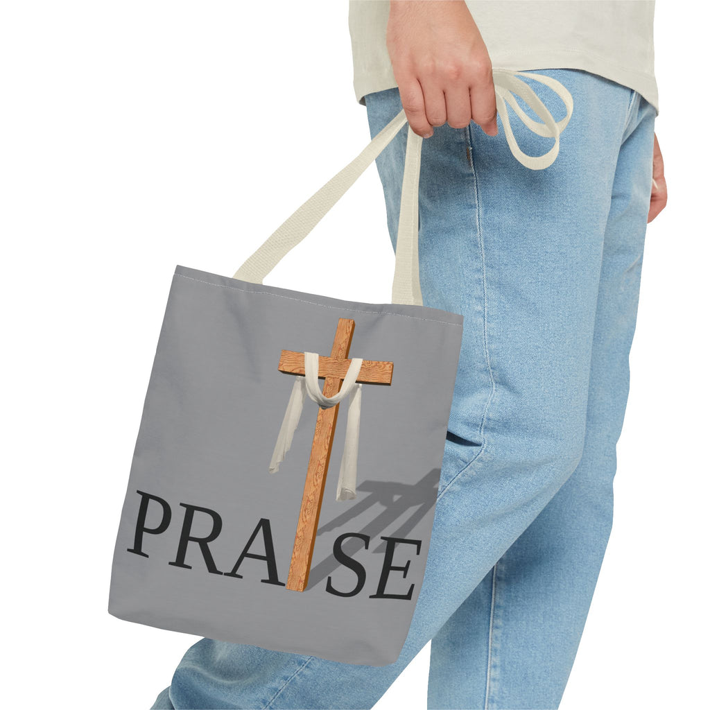 Praise and Worship Grey Cross Tote Bag | Christian Faith Design