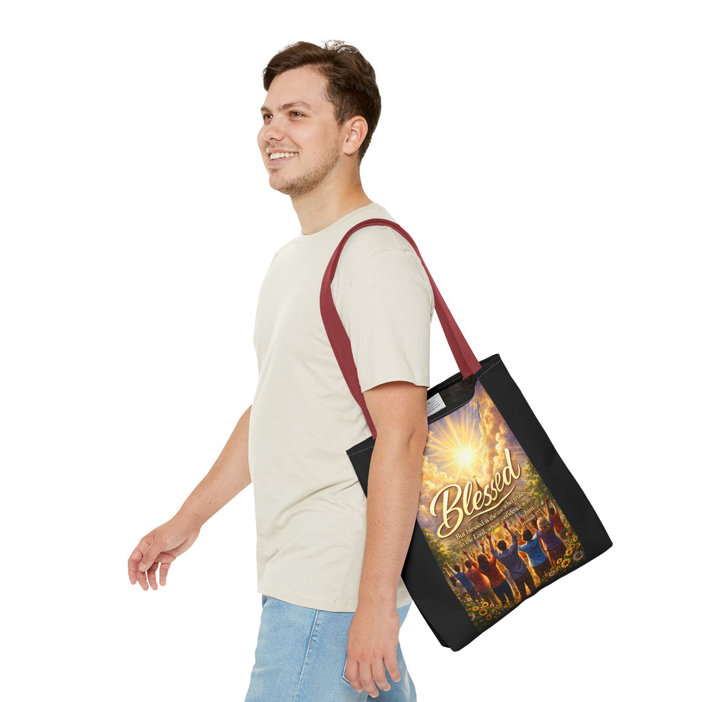 Blessed Script Tote Bag | Inspirational Religious Quote, All-Over Print