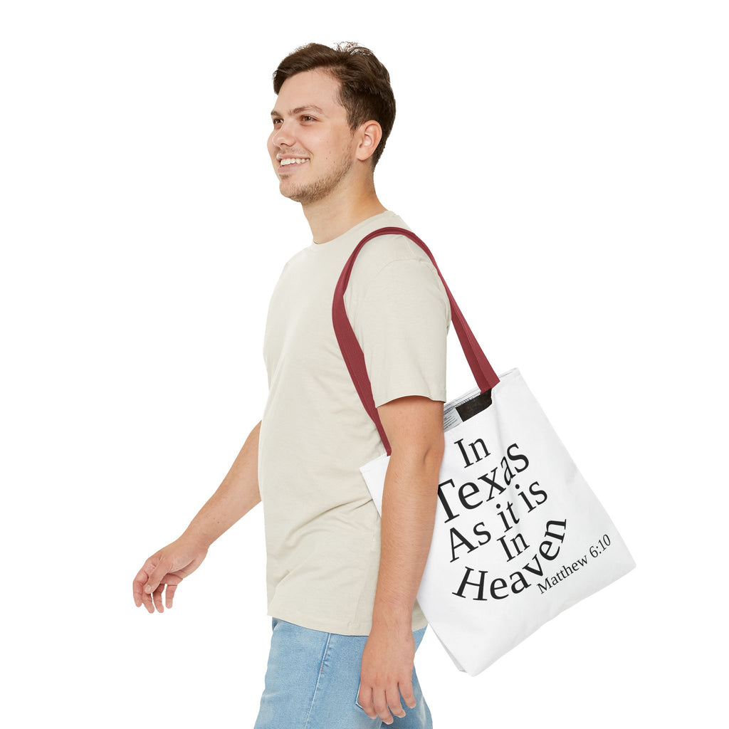 Personalized White Matthew 6:10 Bible Verse Tote Bag, City Or State | Market Grocery Craft Festival Outing, Lightweight Sturdy Polyester