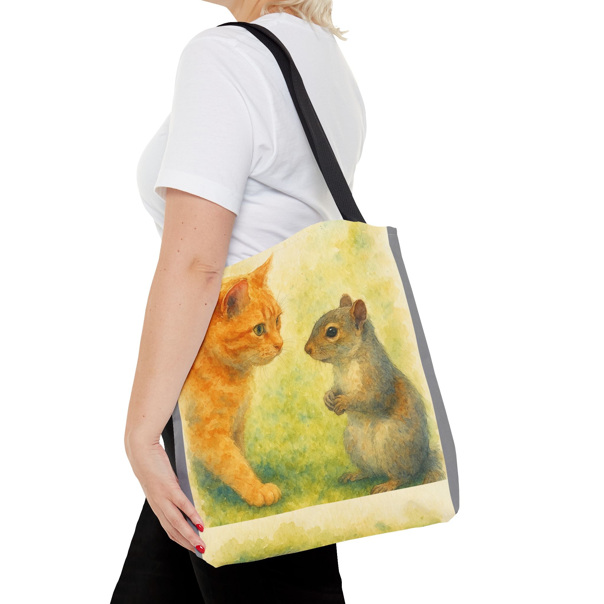 Tote Bag - Watercolor Cat and Squirrel, Cute Animal Print, Carry-All Shoulder Bag, Reusable Shopping Tote, Gift for Animal Lovers