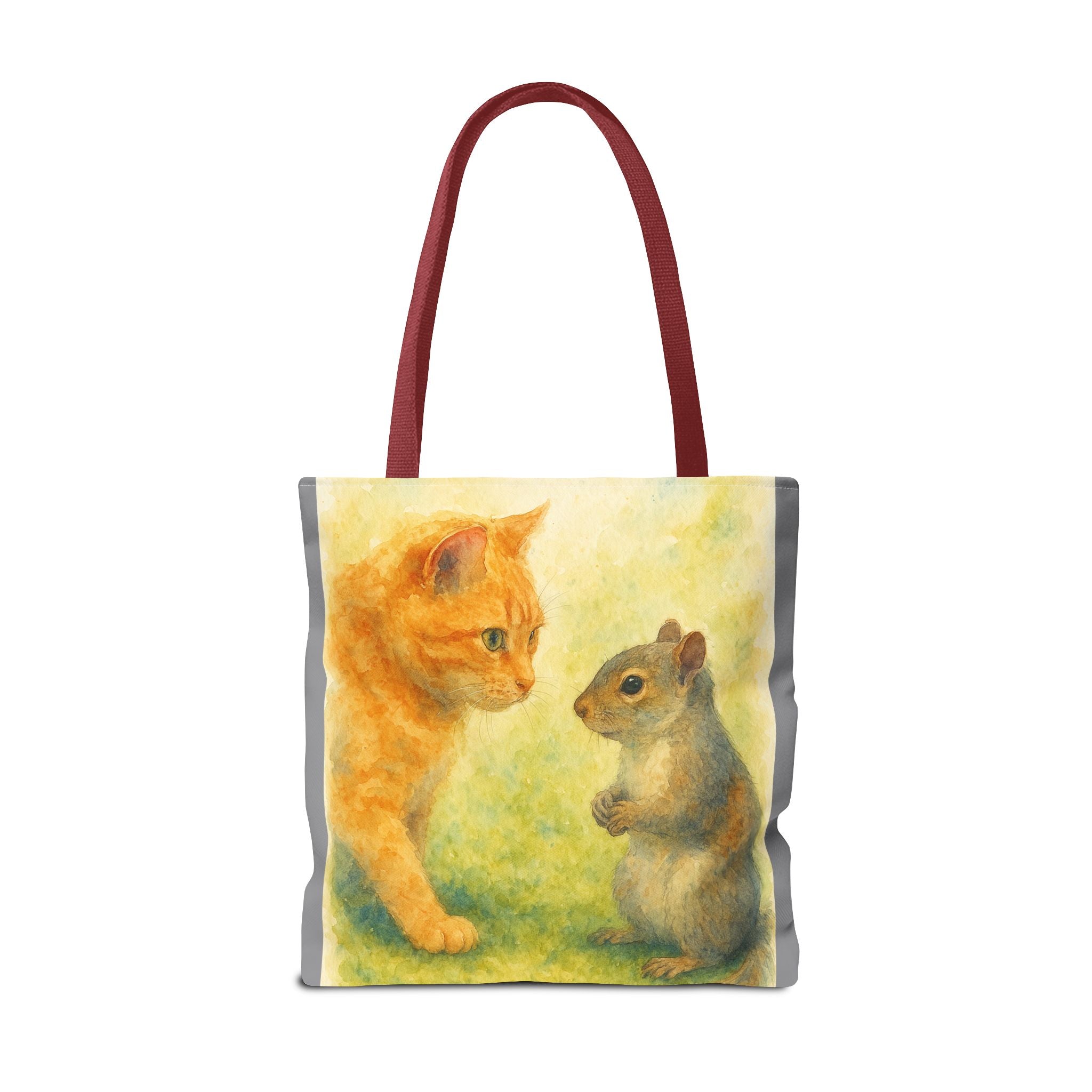 Tote Bag - Watercolor Cat and Squirrel, Cute Animal Print, Carry-All Shoulder Bag, Reusable Shopping Tote, Gift for Animal Lovers