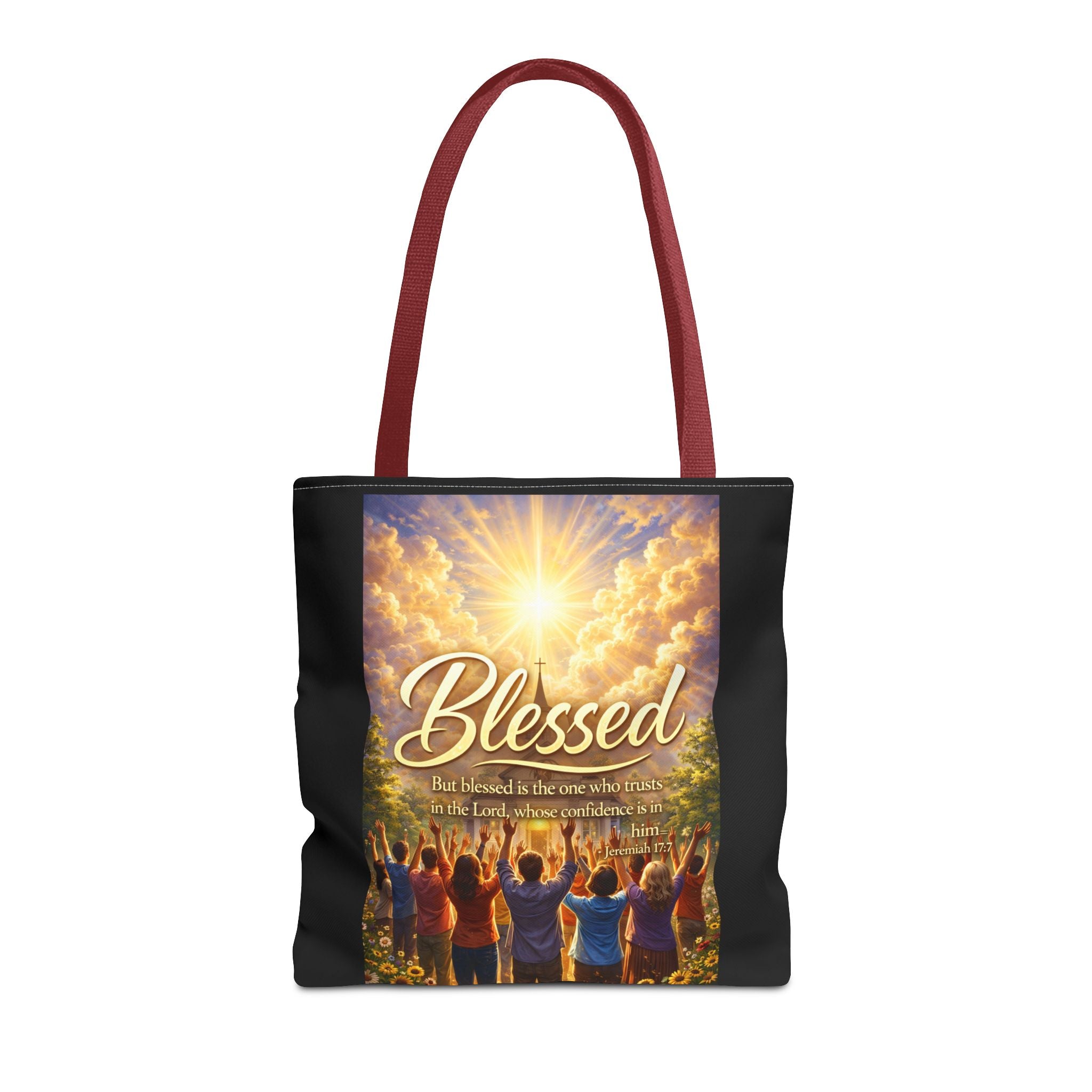 Blessed Script Tote Bag | Inspirational Religious Quote, All-Over Print