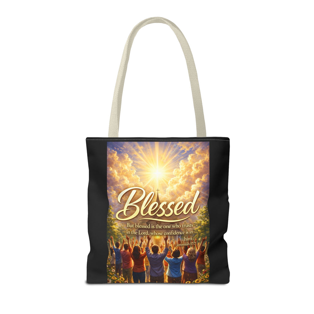 Blessed Script Tote Bag | Inspirational Religious Quote, All-Over Print