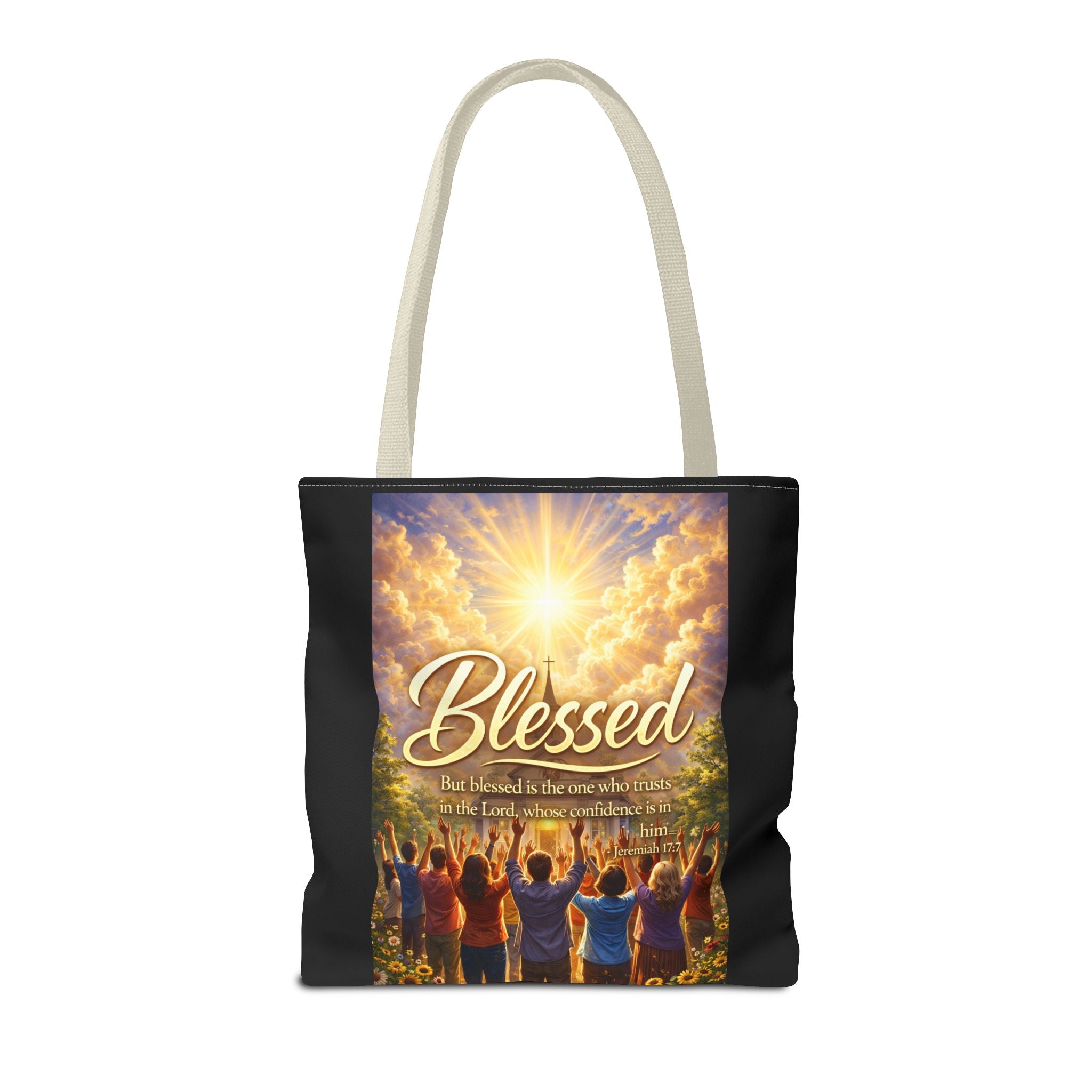 Blessed Script Tote Bag | Inspirational Religious Quote, All-Over Print