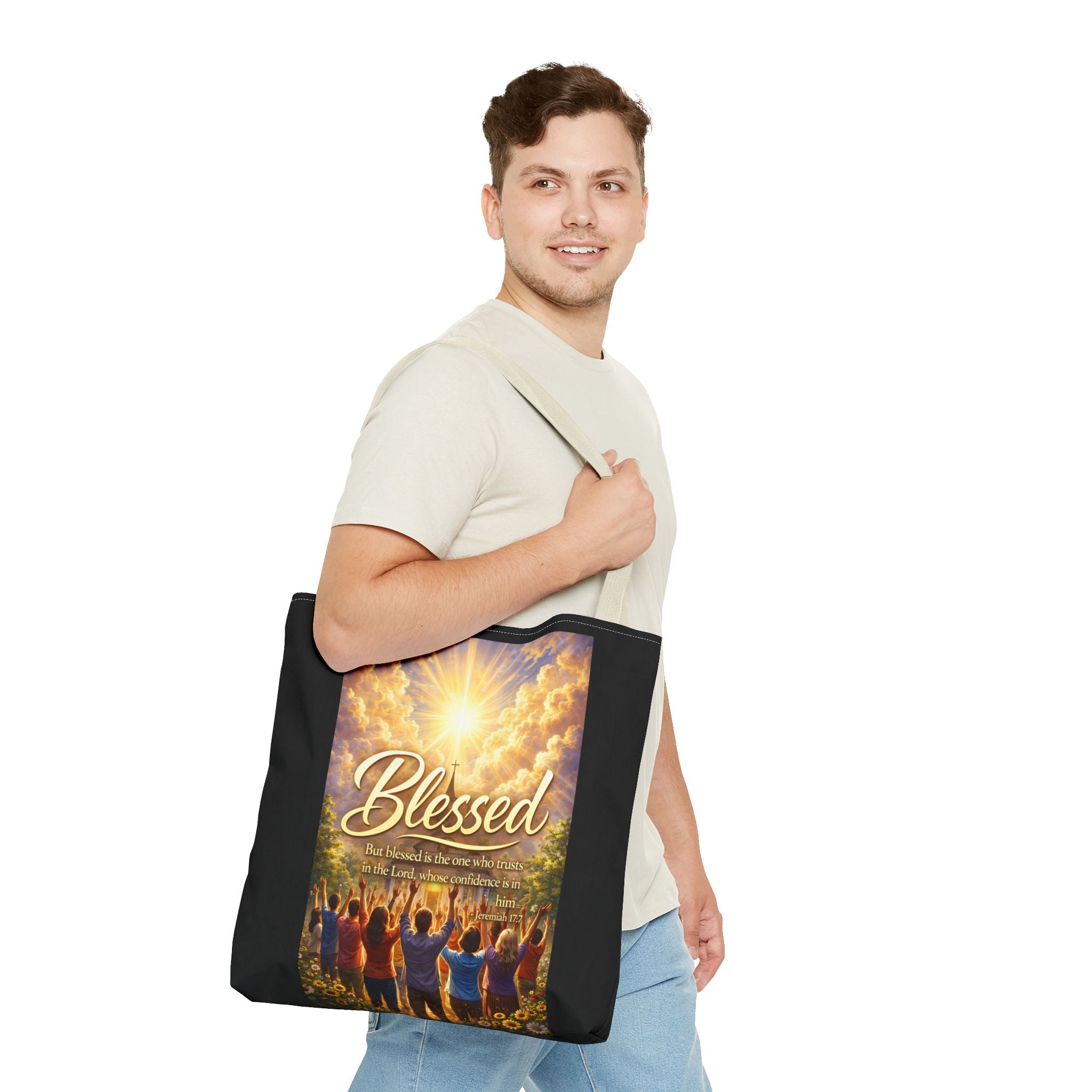 Blessed Script Tote Bag | Inspirational Religious Quote, All-Over Print
