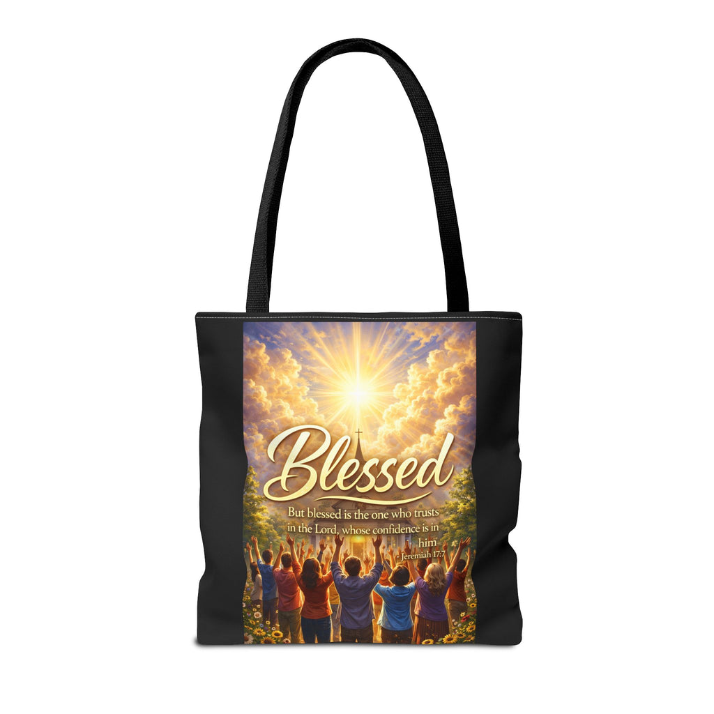 Blessed Script Tote Bag | Inspirational Religious Quote, All-Over Print