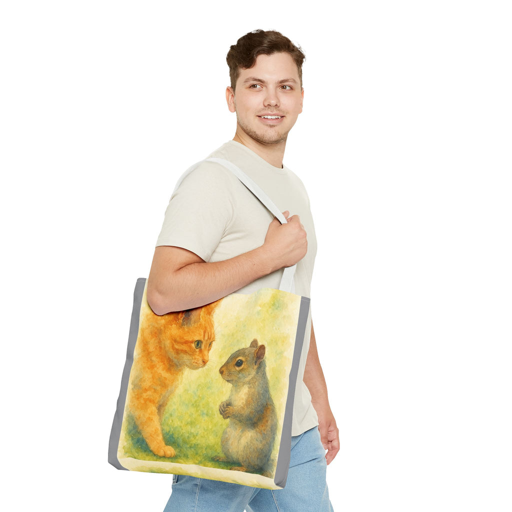 Tote Bag - Watercolor Cat and Squirrel, Cute Animal Print, Carry-All Shoulder Bag, Reusable Shopping Tote, Gift for Animal Lovers