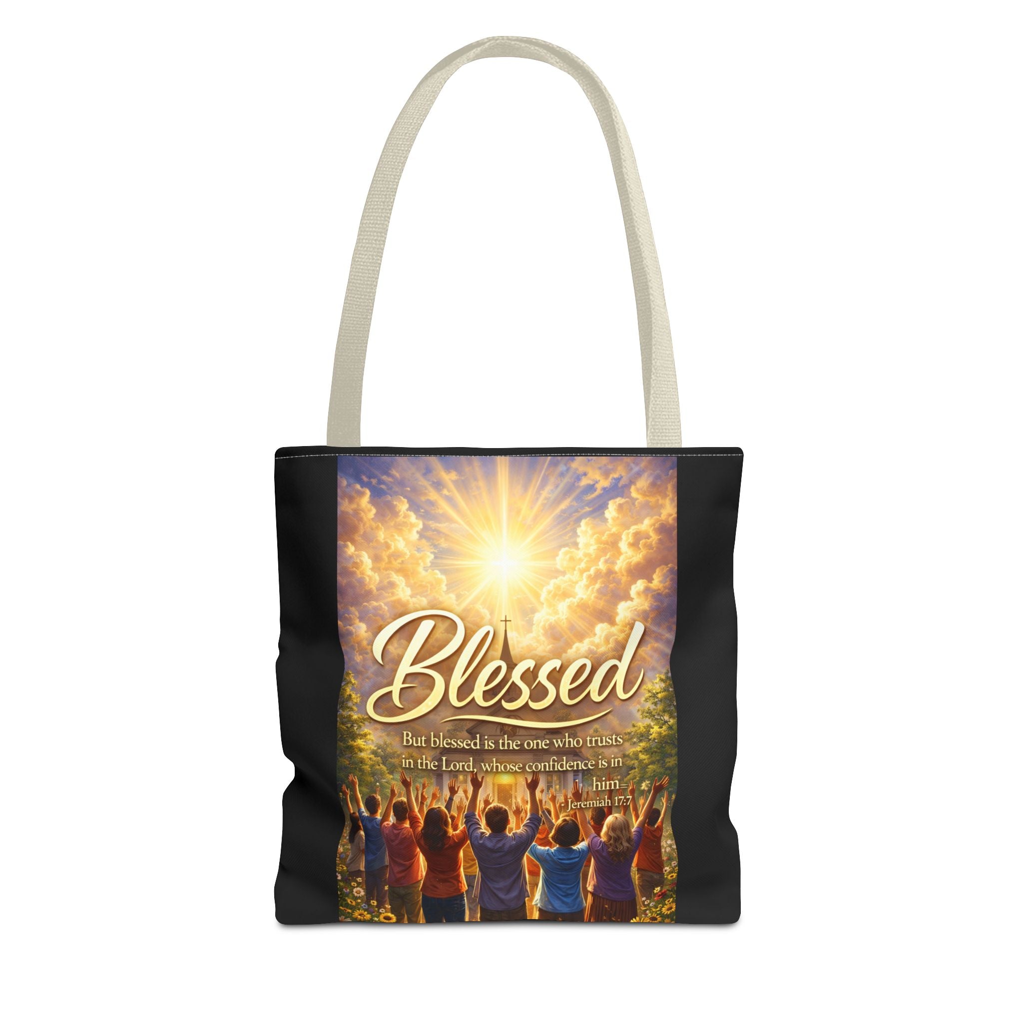 Blessed Script Tote Bag | Inspirational Religious Quote, All-Over Print
