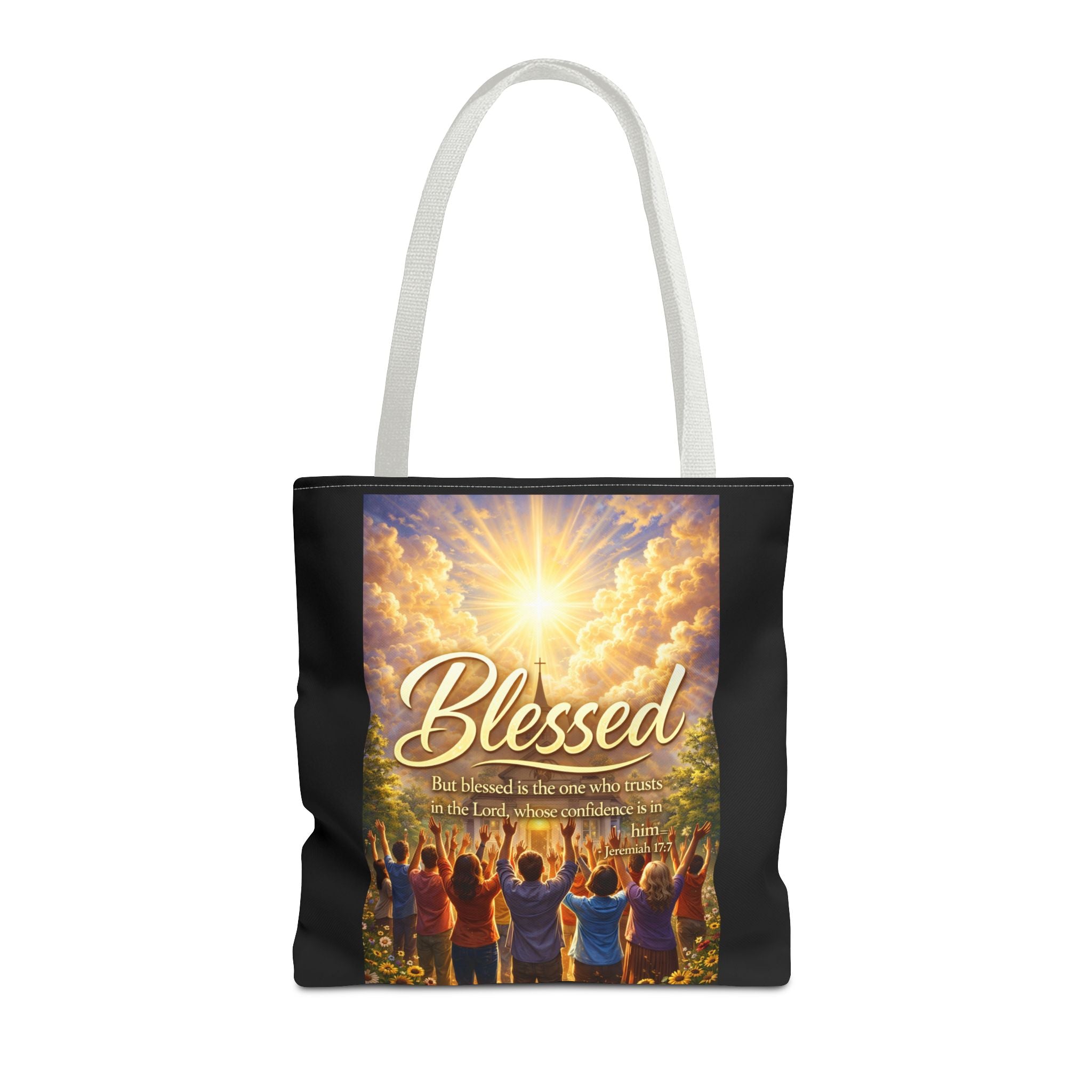 Blessed Script Tote Bag | Inspirational Religious Quote, All-Over Print