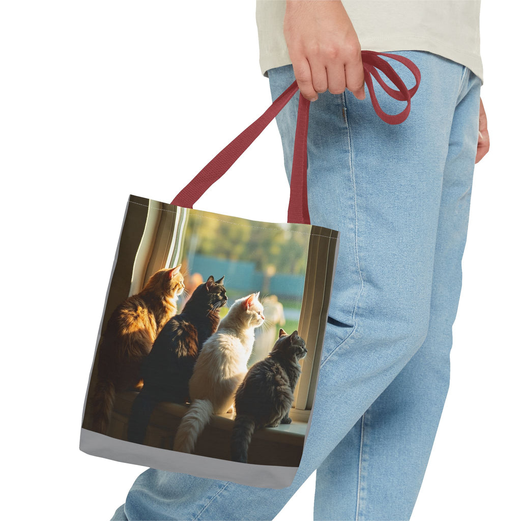 Tote Bag - Four Cats in Window, Carry-All Shoulder Bag, Reusable Shopping Tote, Gift for Animal Lovers