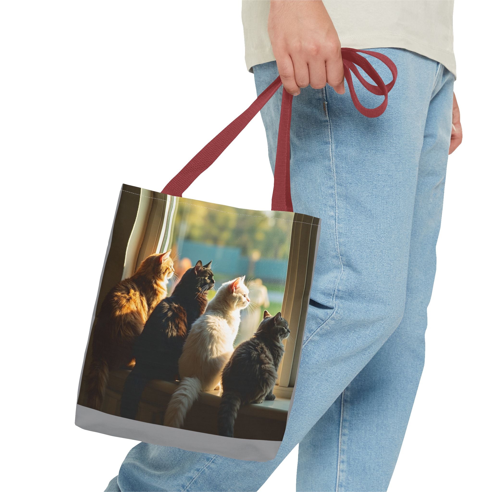 Tote Bag - Four Cats in Window, Carry-All Shoulder Bag, Reusable Shopping Tote, Gift for Animal Lovers