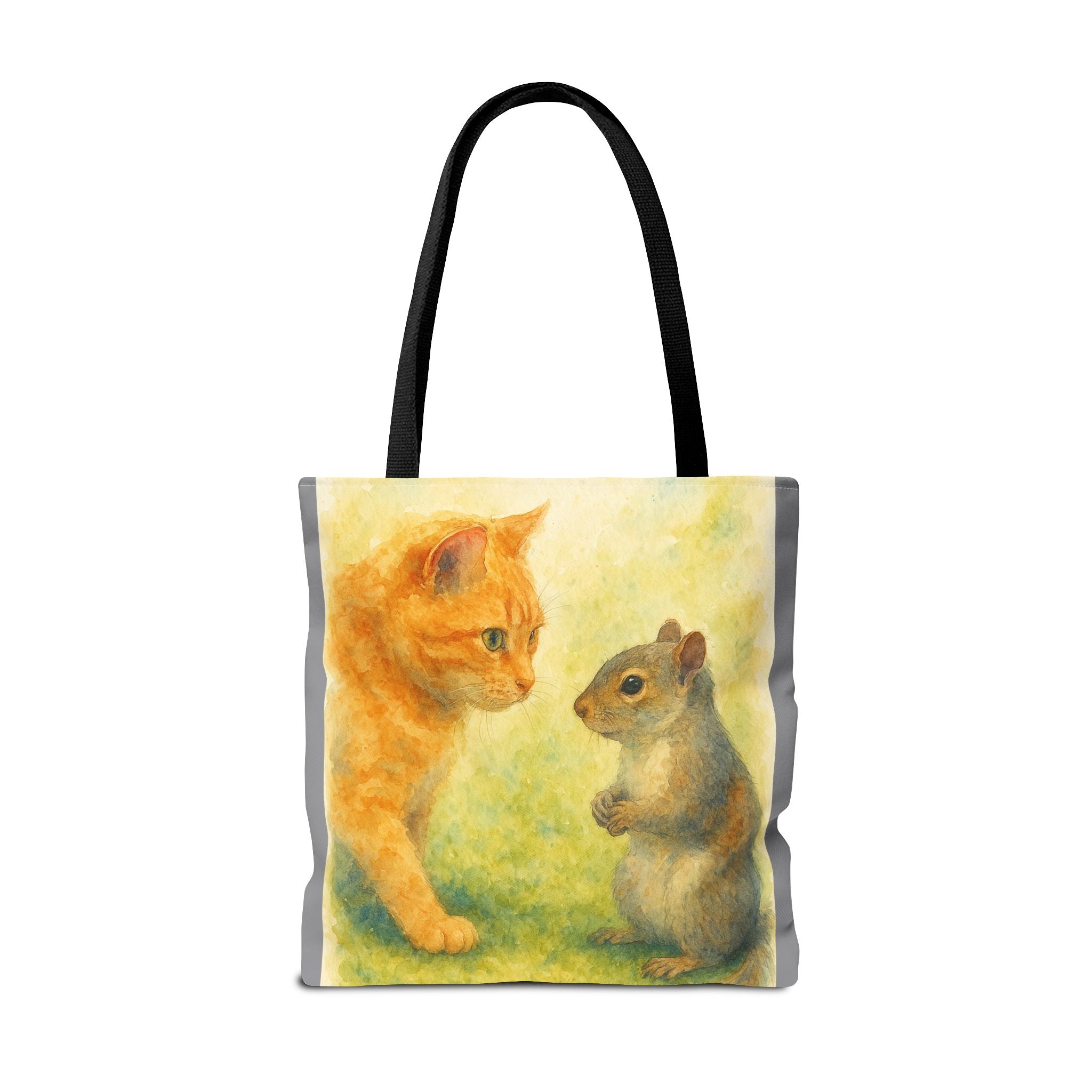 Tote Bag - Watercolor Cat and Squirrel, Cute Animal Print, Carry-All Shoulder Bag, Reusable Shopping Tote, Gift for Animal Lovers