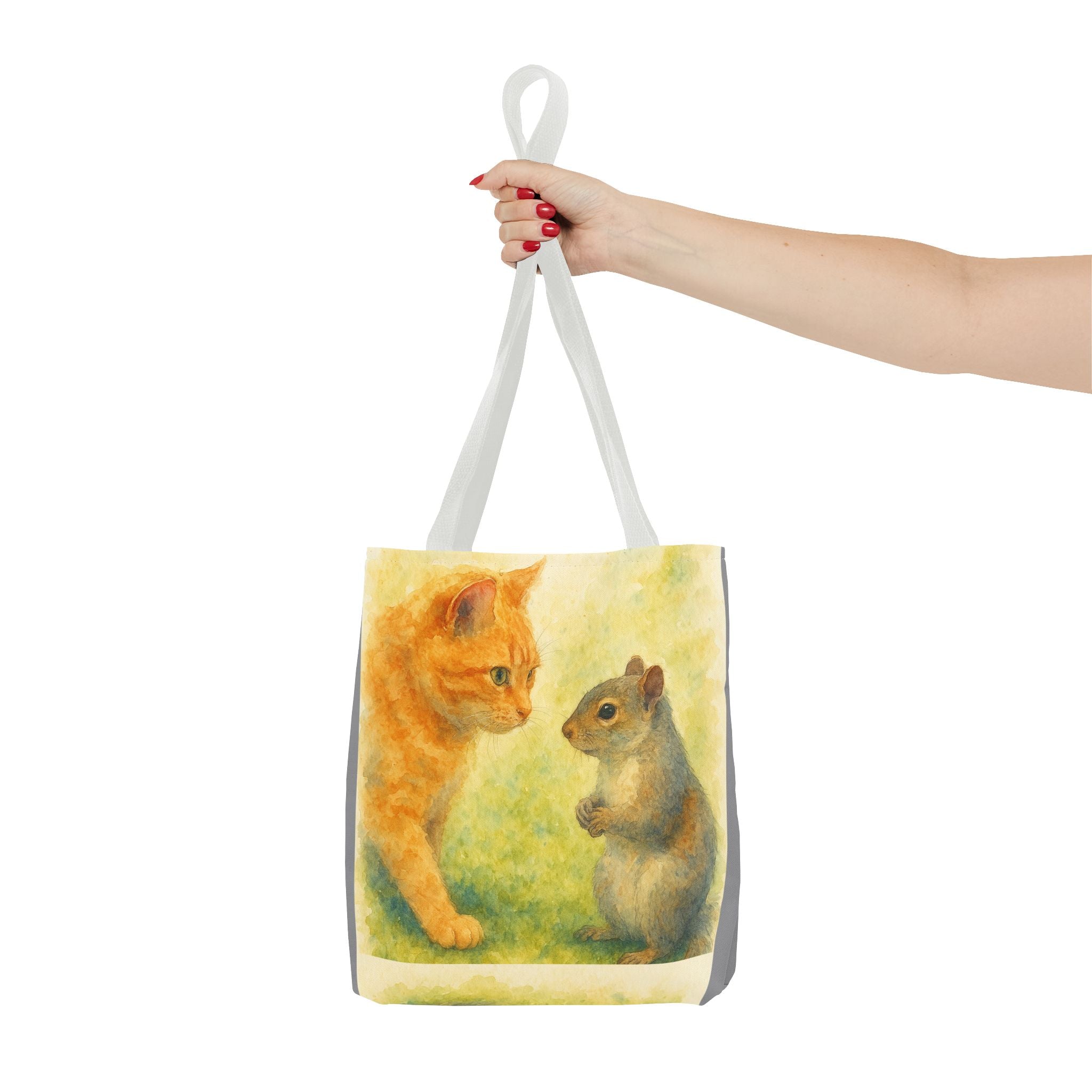 Tote Bag - Watercolor Cat and Squirrel, Cute Animal Print, Carry-All Shoulder Bag, Reusable Shopping Tote, Gift for Animal Lovers