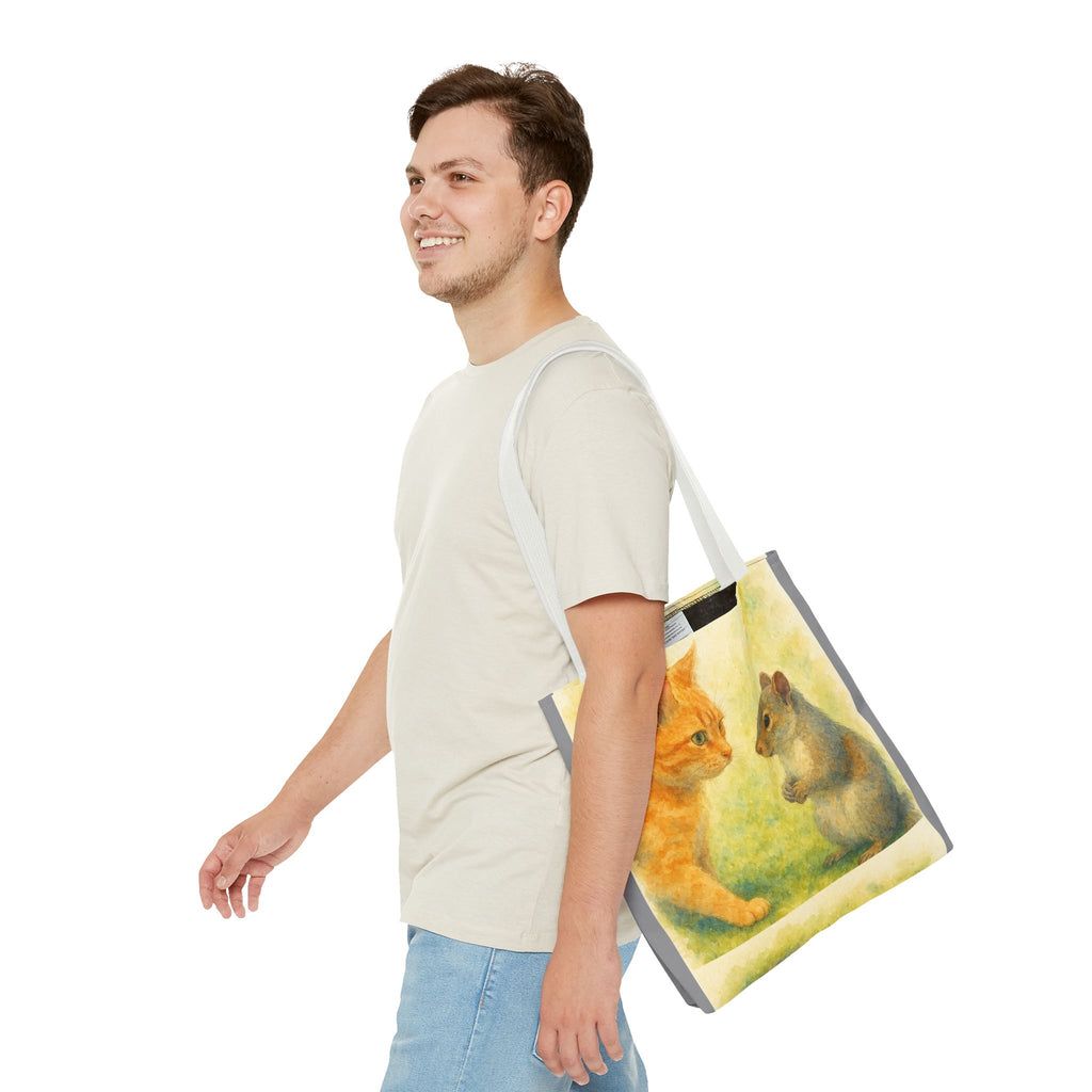 Tote Bag - Watercolor Cat and Squirrel, Cute Animal Print, Carry-All Shoulder Bag, Reusable Shopping Tote, Gift for Animal Lovers