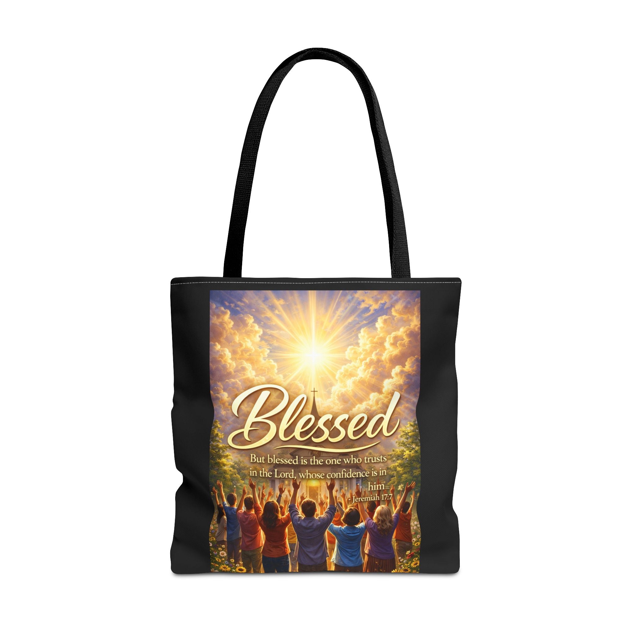 Blessed Script Tote Bag | Inspirational Religious Quote, All-Over Print