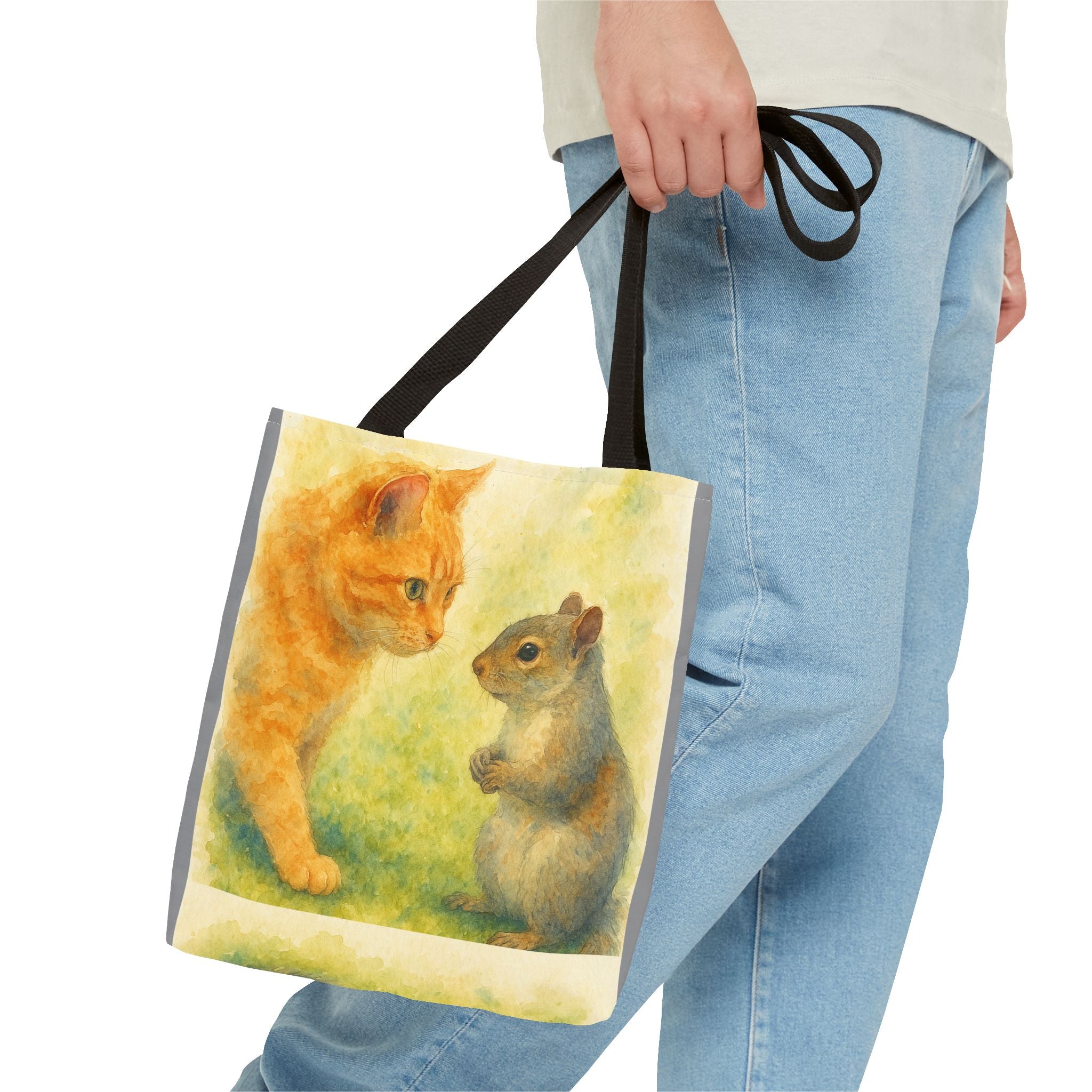 Tote Bag - Watercolor Cat and Squirrel, Cute Animal Print, Carry-All Shoulder Bag, Reusable Shopping Tote, Gift for Animal Lovers