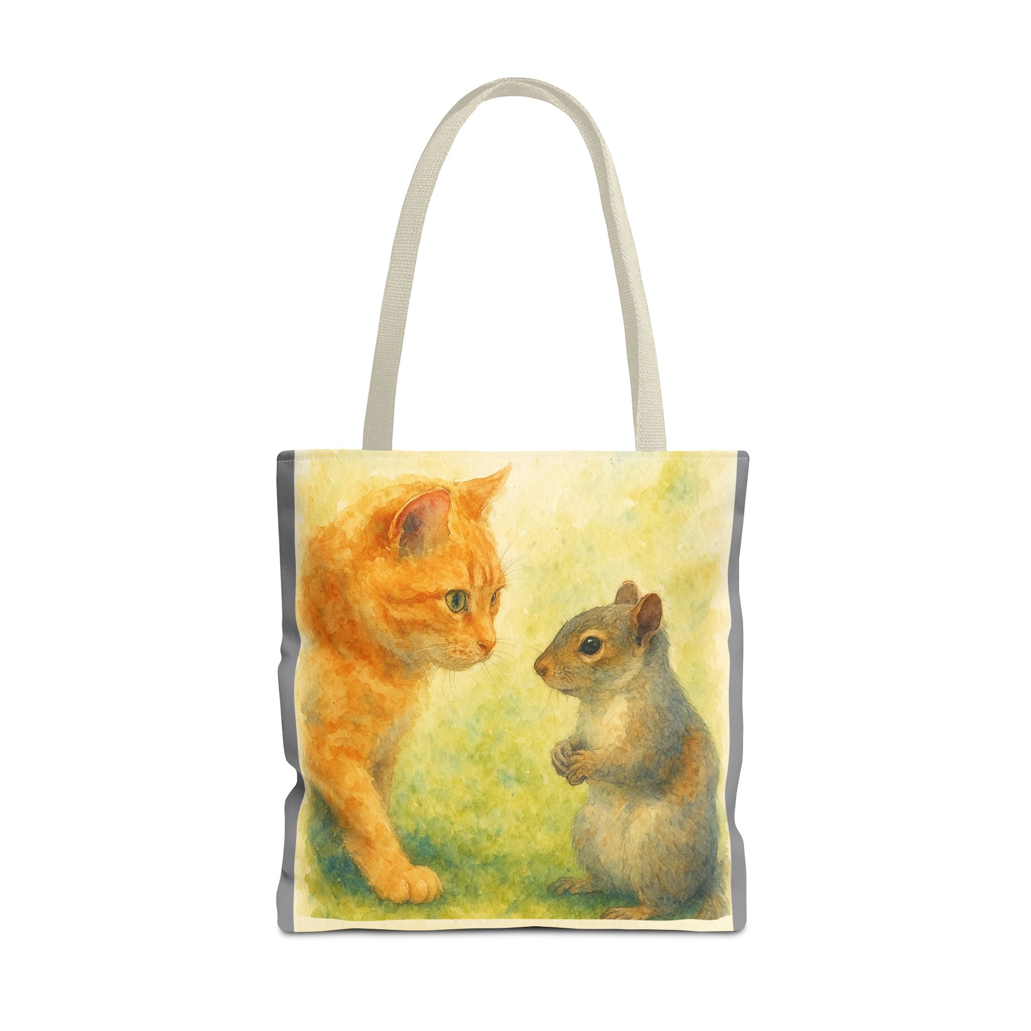 Tote Bag - Watercolor Cat and Squirrel, Cute Animal Print, Carry-All Shoulder Bag, Reusable Shopping Tote, Gift for Animal Lovers
