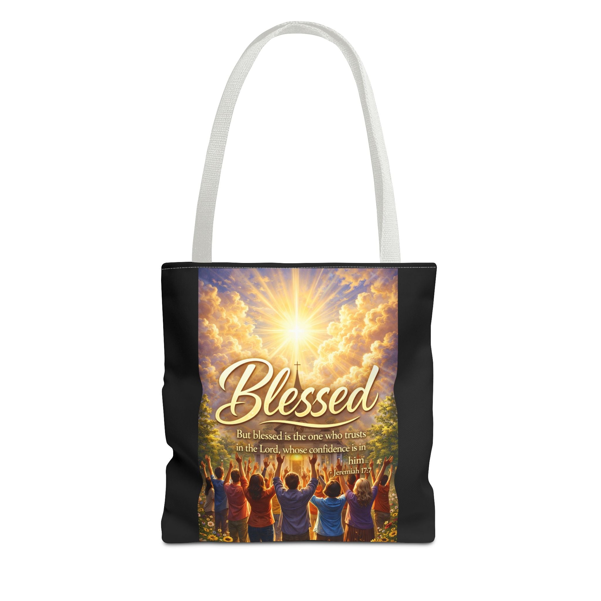 Blessed Script Tote Bag | Inspirational Religious Quote, All-Over Print