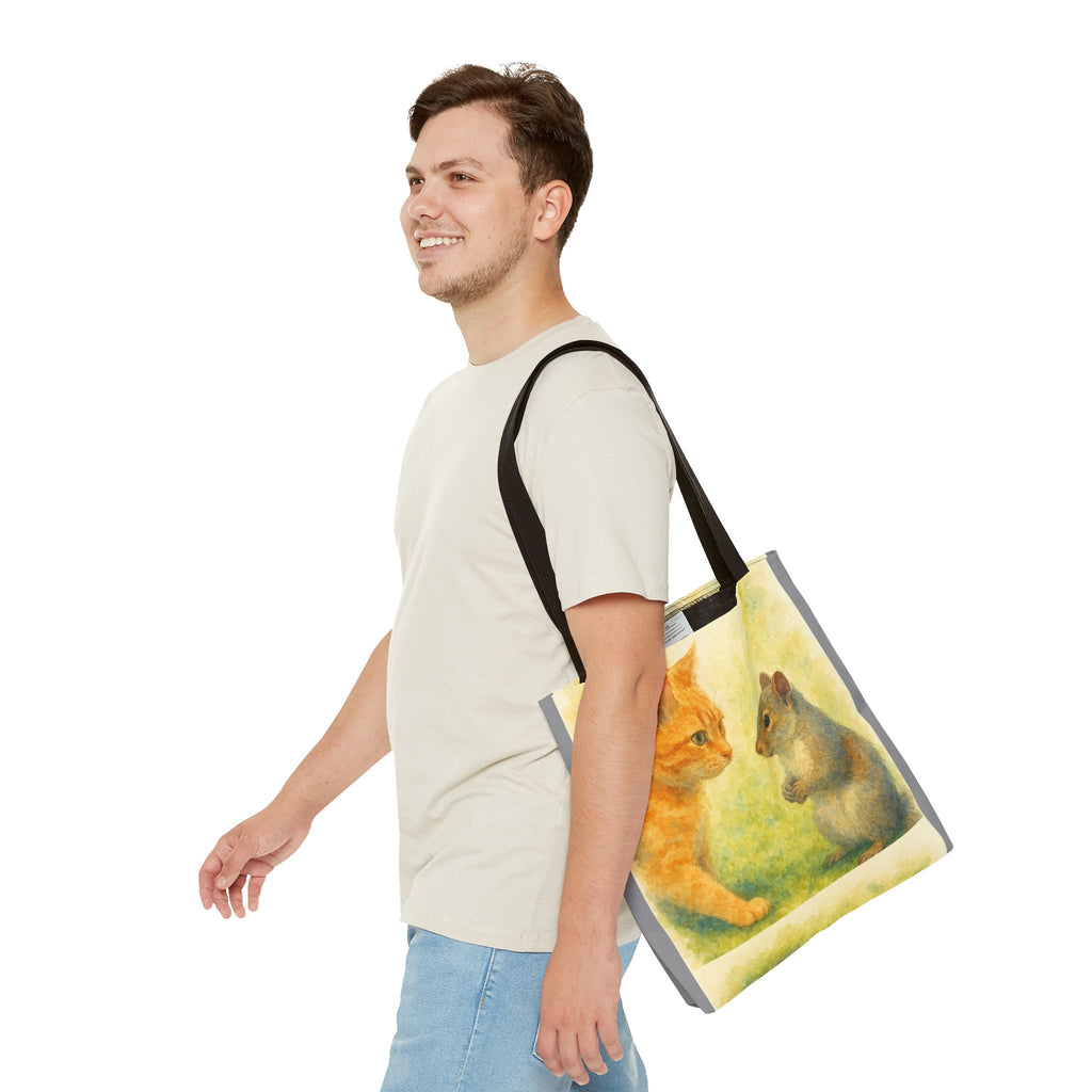 Tote Bag - Watercolor Cat and Squirrel, Cute Animal Print, Carry-All Shoulder Bag, Reusable Shopping Tote, Gift for Animal Lovers