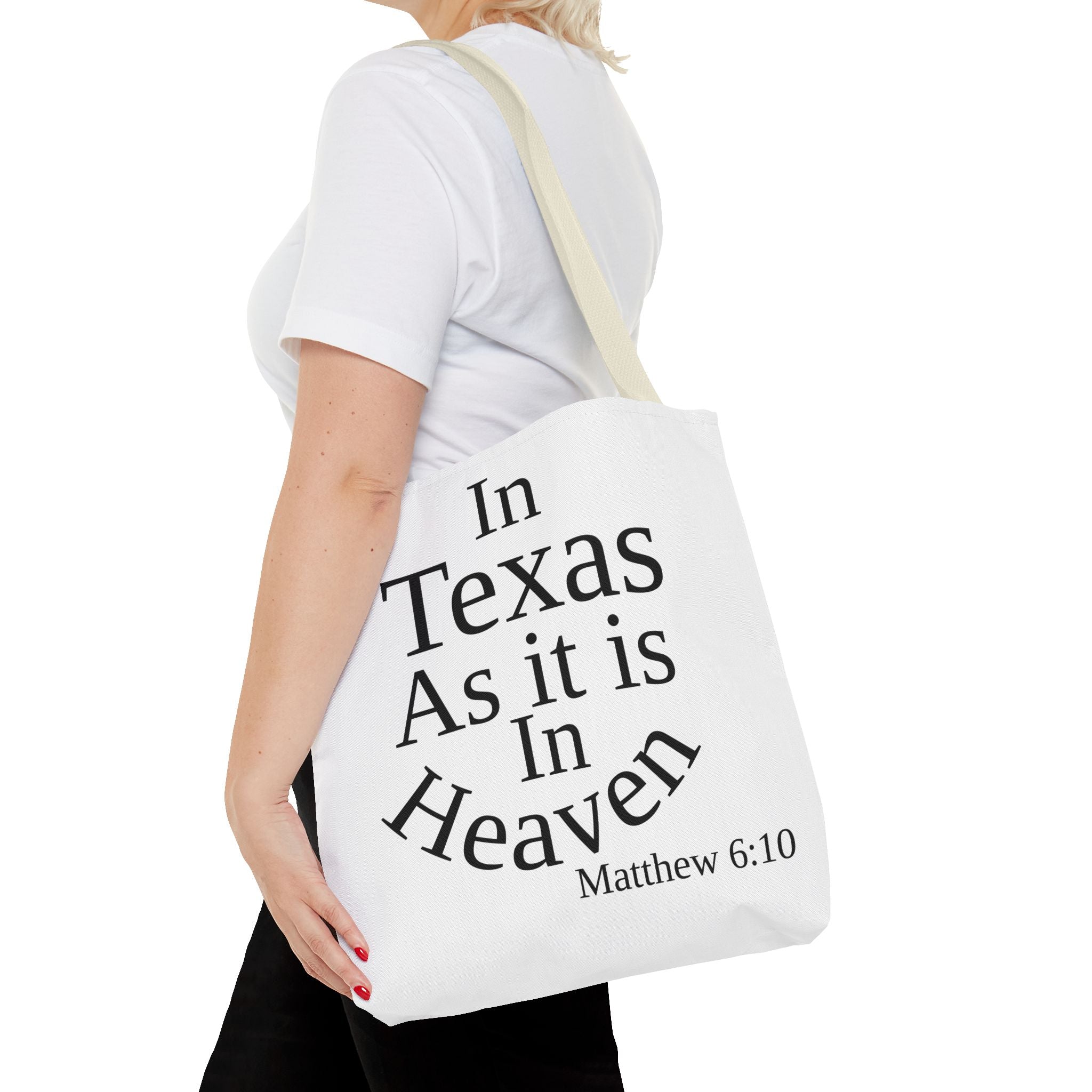 Personalized White Matthew 6:10 Bible Verse Tote Bag, City Or State | Market Grocery Craft Festival Outing, Lightweight Sturdy Polyester