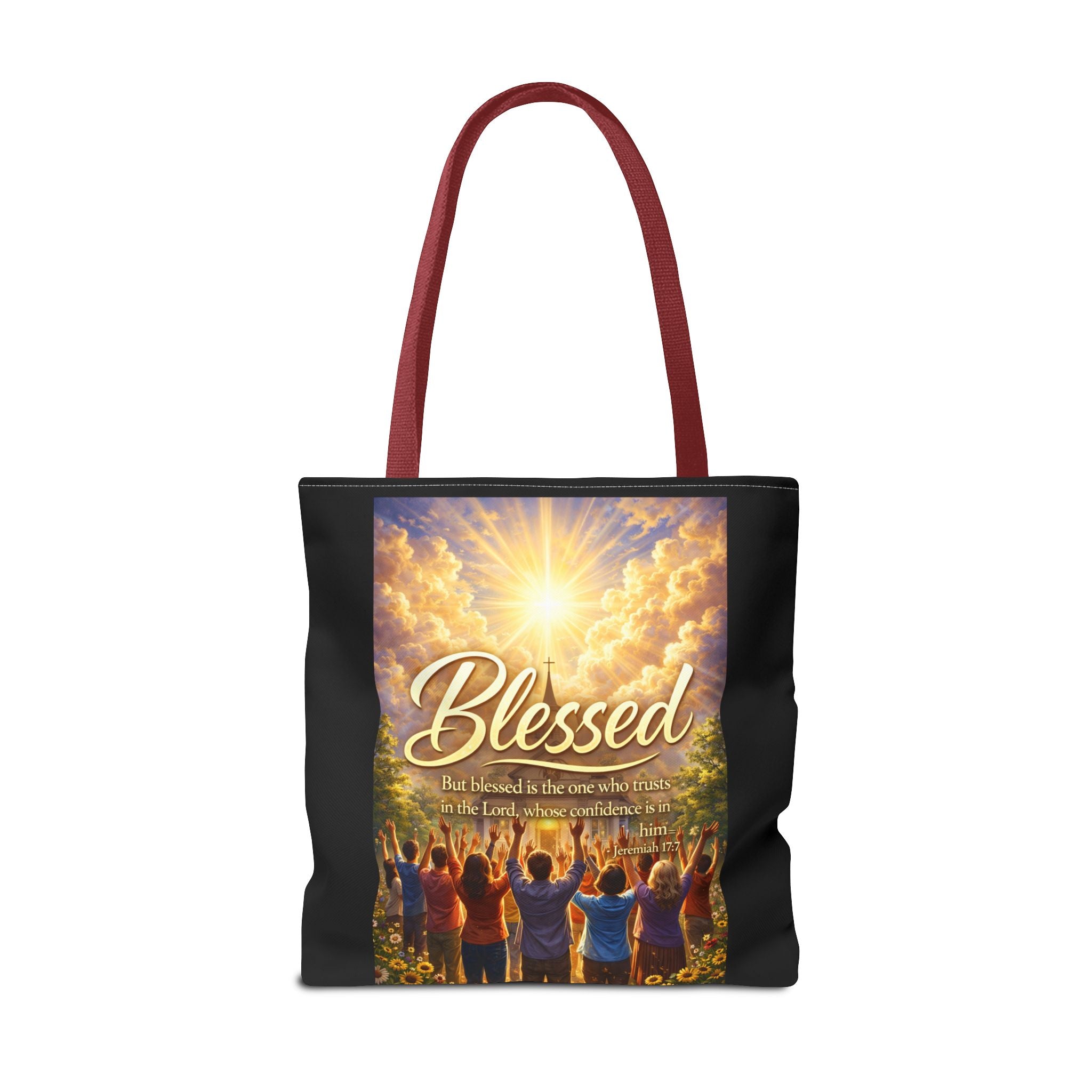 Blessed Script Tote Bag | Inspirational Religious Quote, All-Over Print