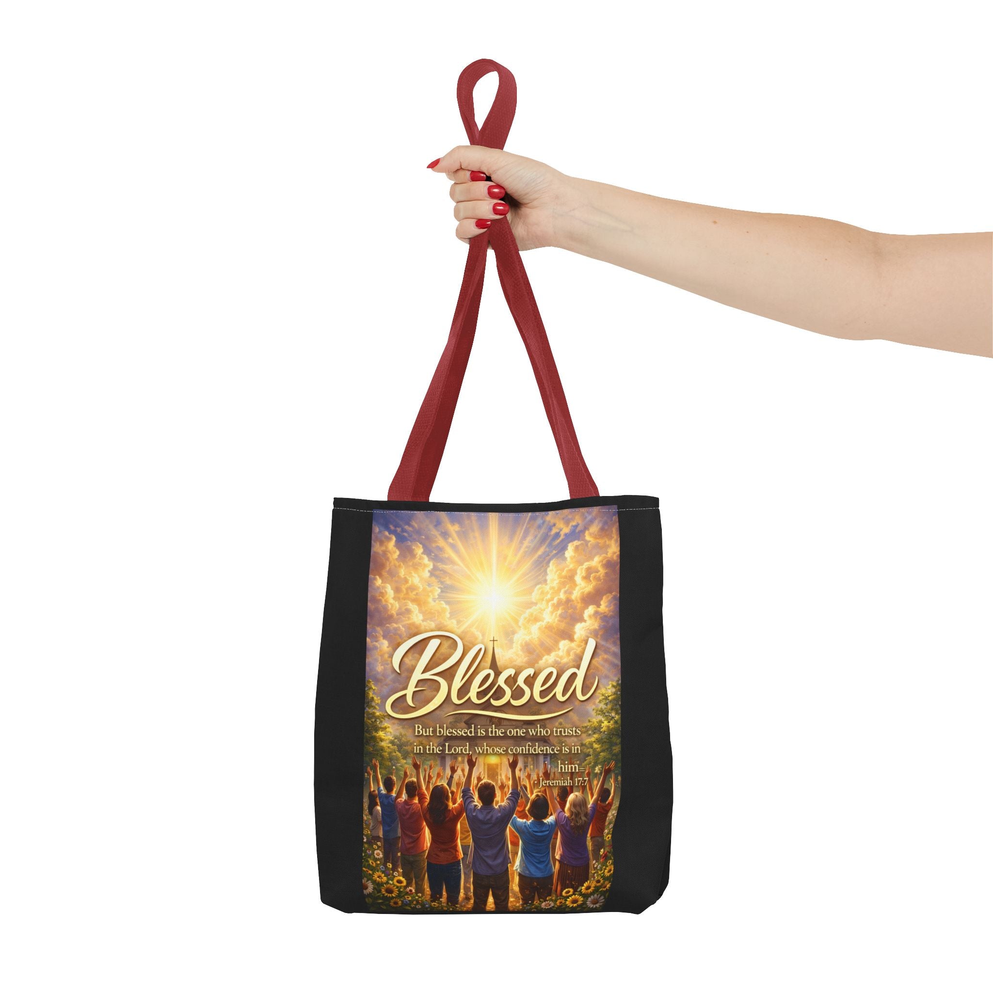 Blessed Script Tote Bag | Inspirational Religious Quote, All-Over Print