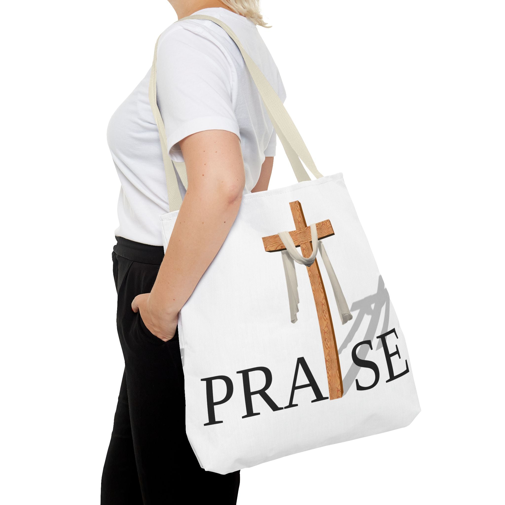 Praise and Worship White Cross Tote Bag | Christian Faith Design