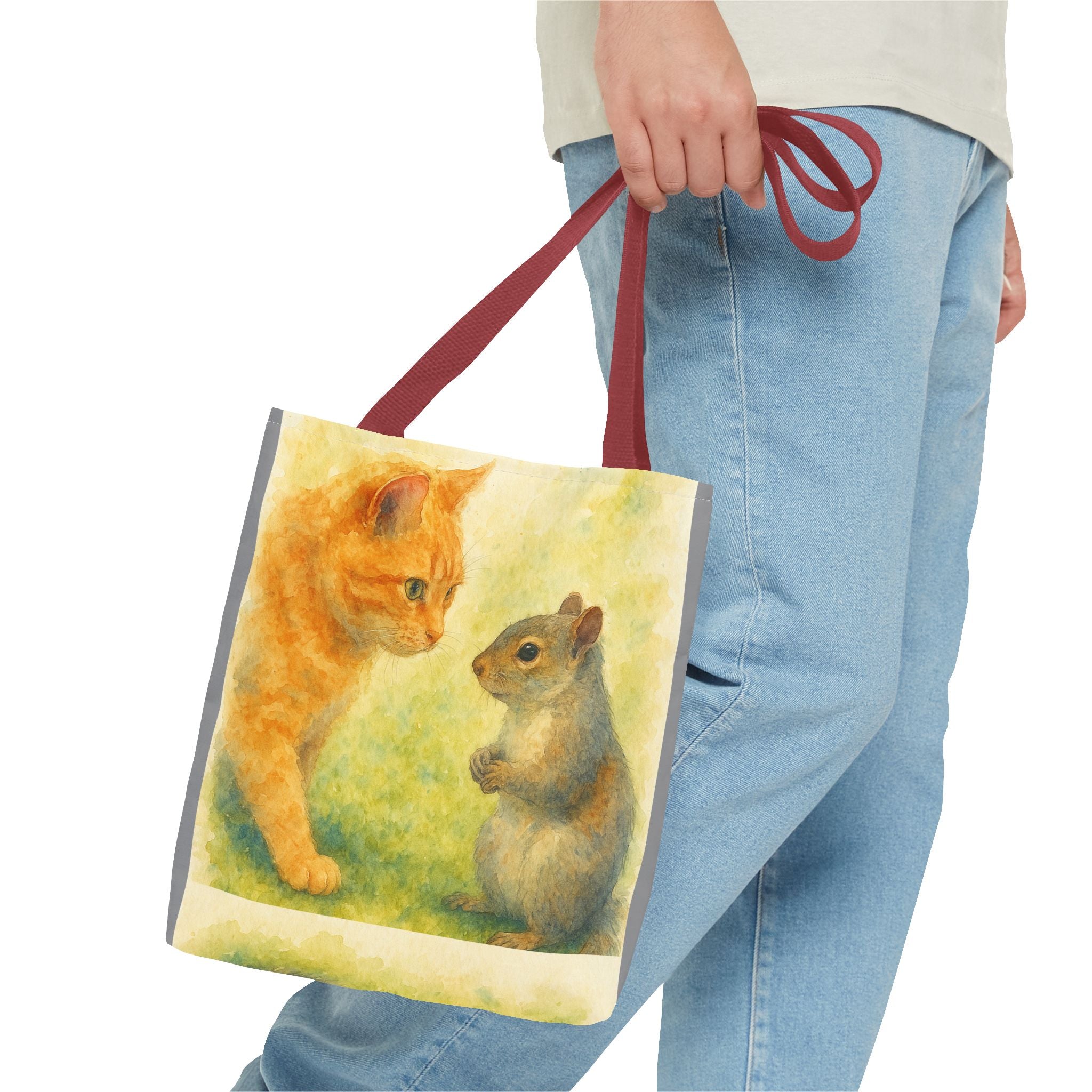 Tote Bag - Watercolor Cat and Squirrel, Cute Animal Print, Carry-All Shoulder Bag, Reusable Shopping Tote, Gift for Animal Lovers
