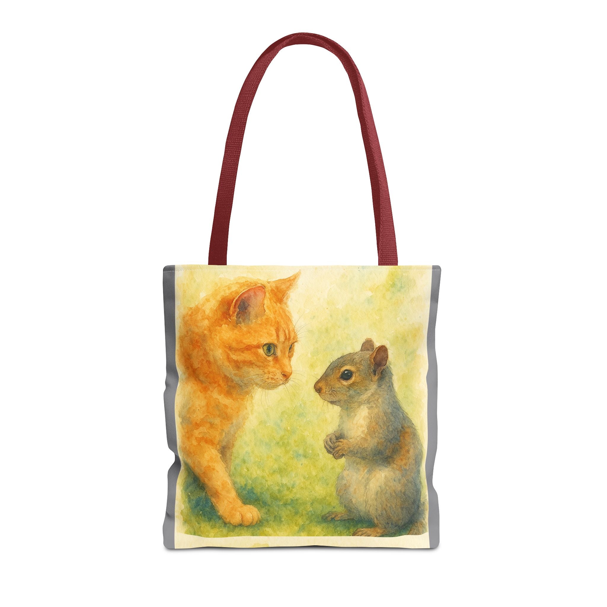 Tote Bag - Watercolor Cat and Squirrel, Cute Animal Print, Carry-All Shoulder Bag, Reusable Shopping Tote, Gift for Animal Lovers