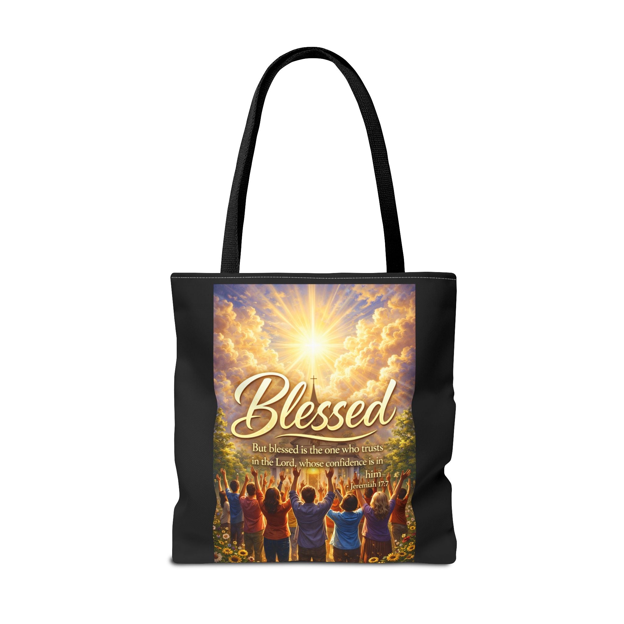 Blessed Script Tote Bag | Inspirational Religious Quote, All-Over Print