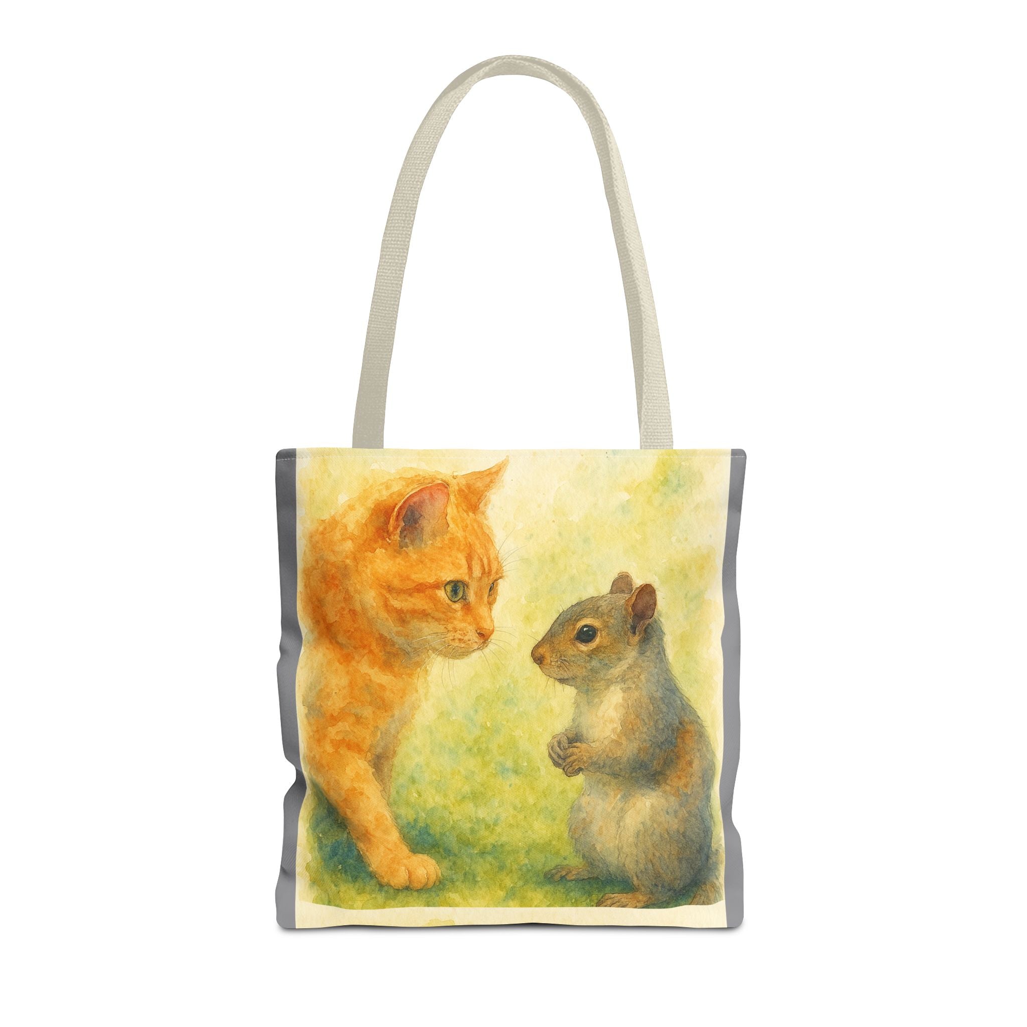 Tote Bag - Watercolor Cat and Squirrel, Cute Animal Print, Carry-All Shoulder Bag, Reusable Shopping Tote, Gift for Animal Lovers