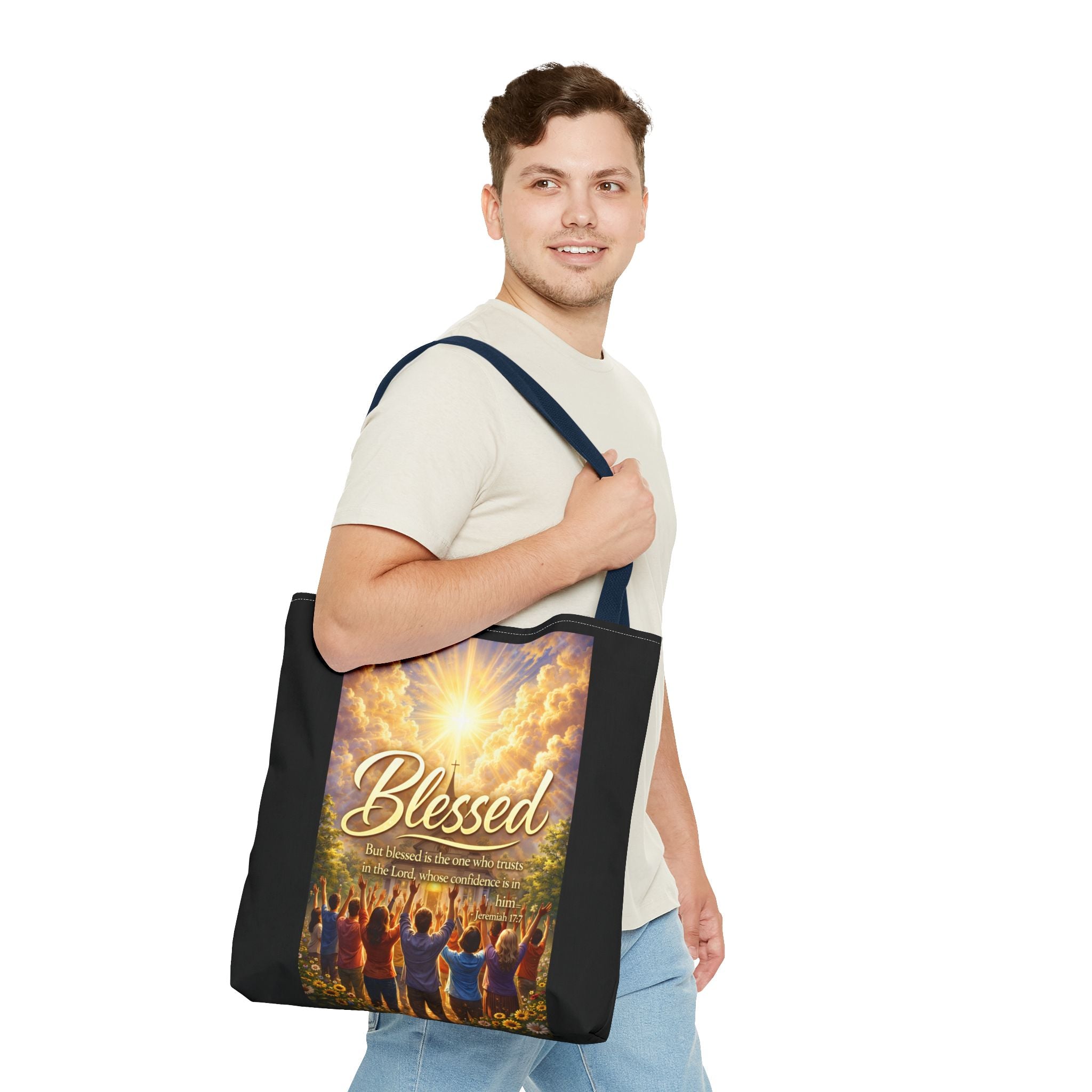 Blessed Script Tote Bag | Inspirational Religious Quote, All-Over Print