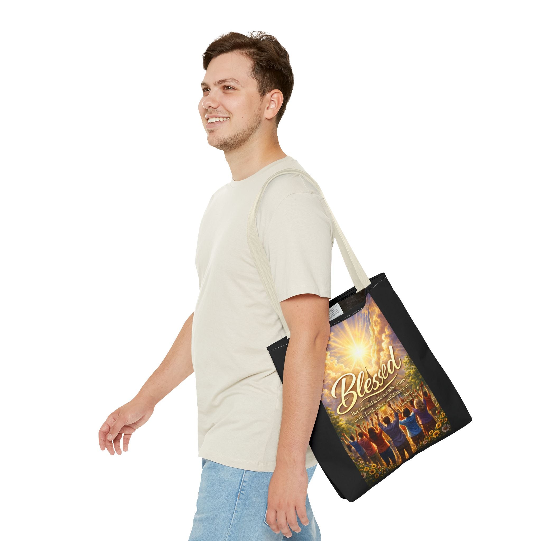 Blessed Script Tote Bag | Inspirational Religious Quote, All-Over Print