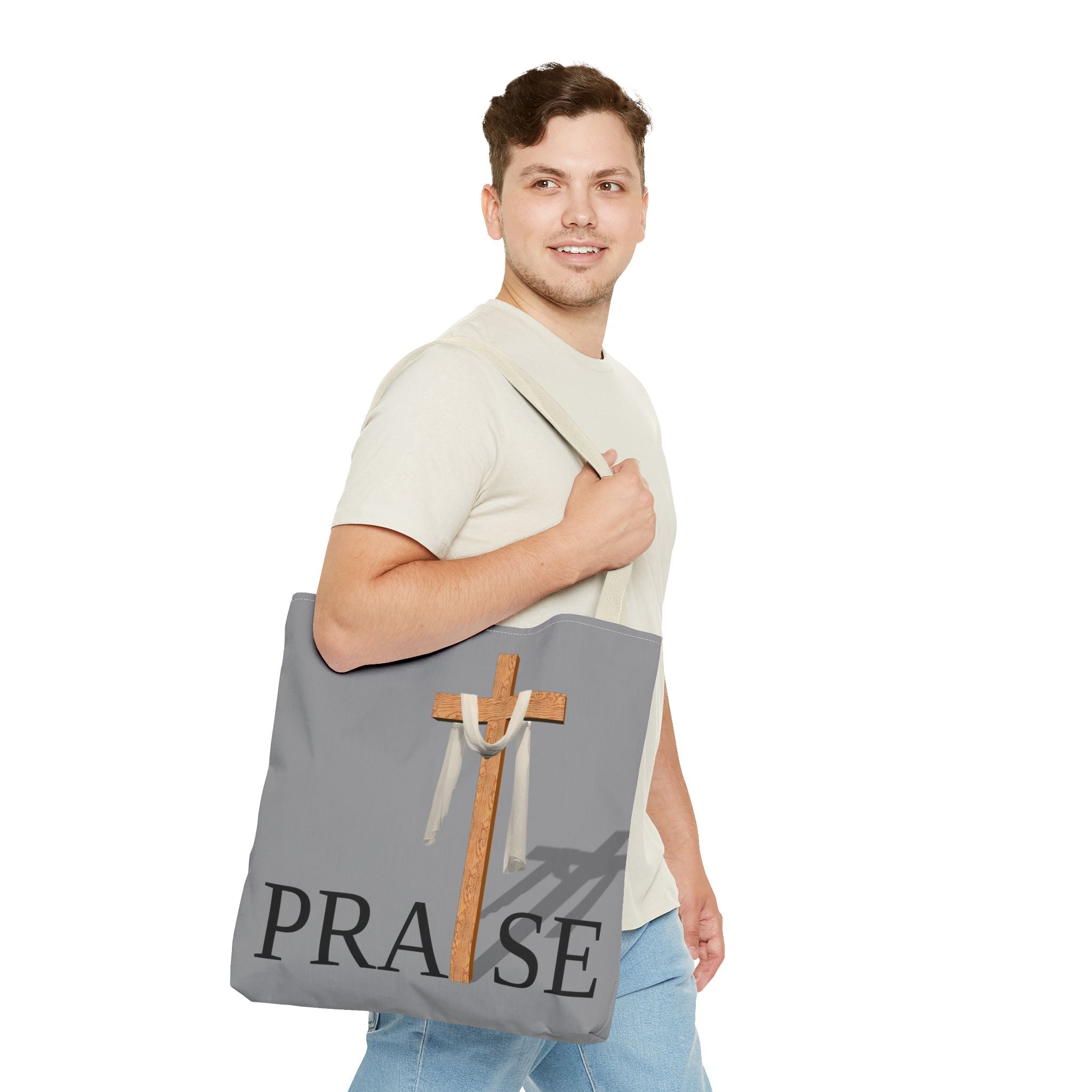 Praise and Worship Grey Cross Tote Bag | Christian Faith Design