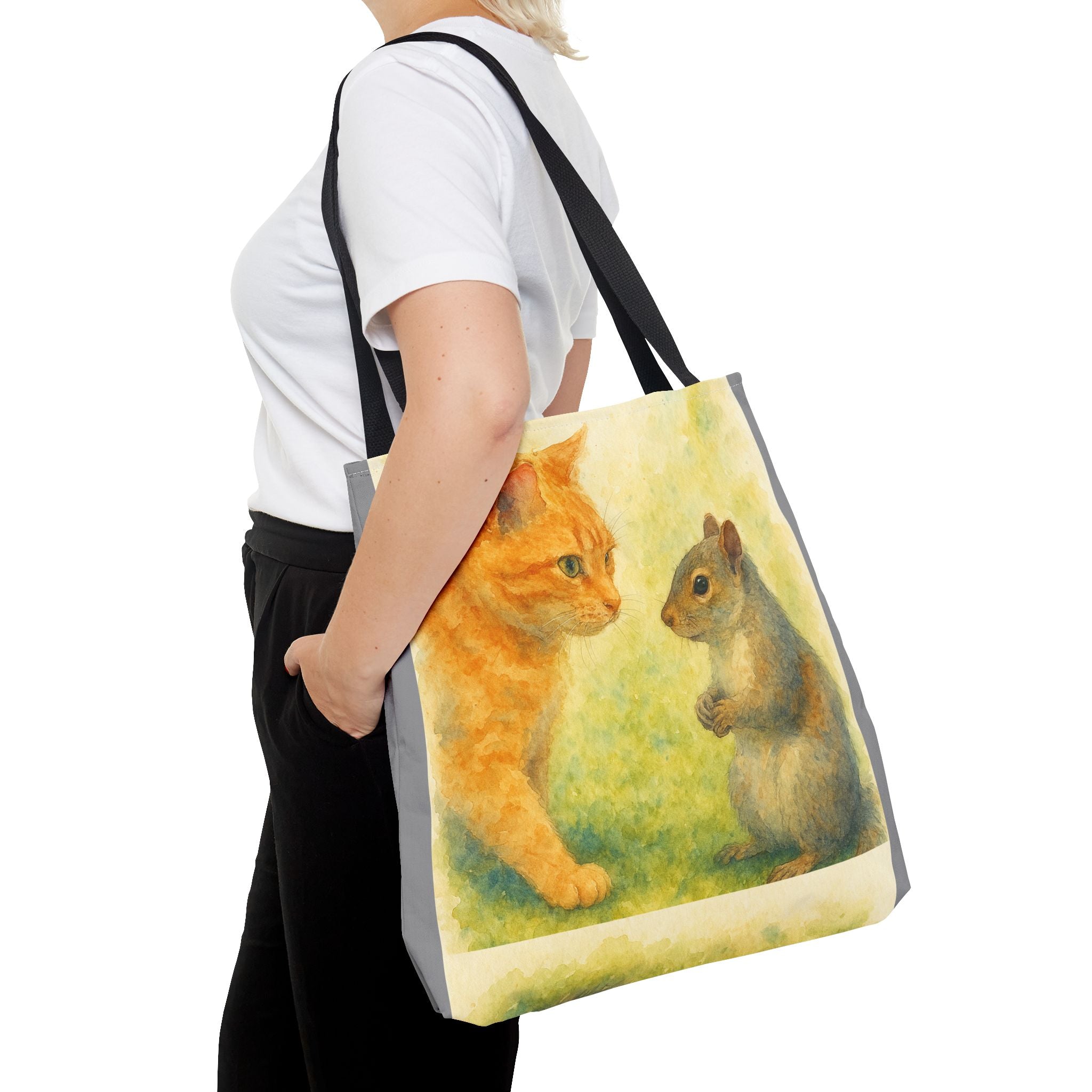 Tote Bag - Watercolor Cat and Squirrel, Cute Animal Print, Carry-All Shoulder Bag, Reusable Shopping Tote, Gift for Animal Lovers