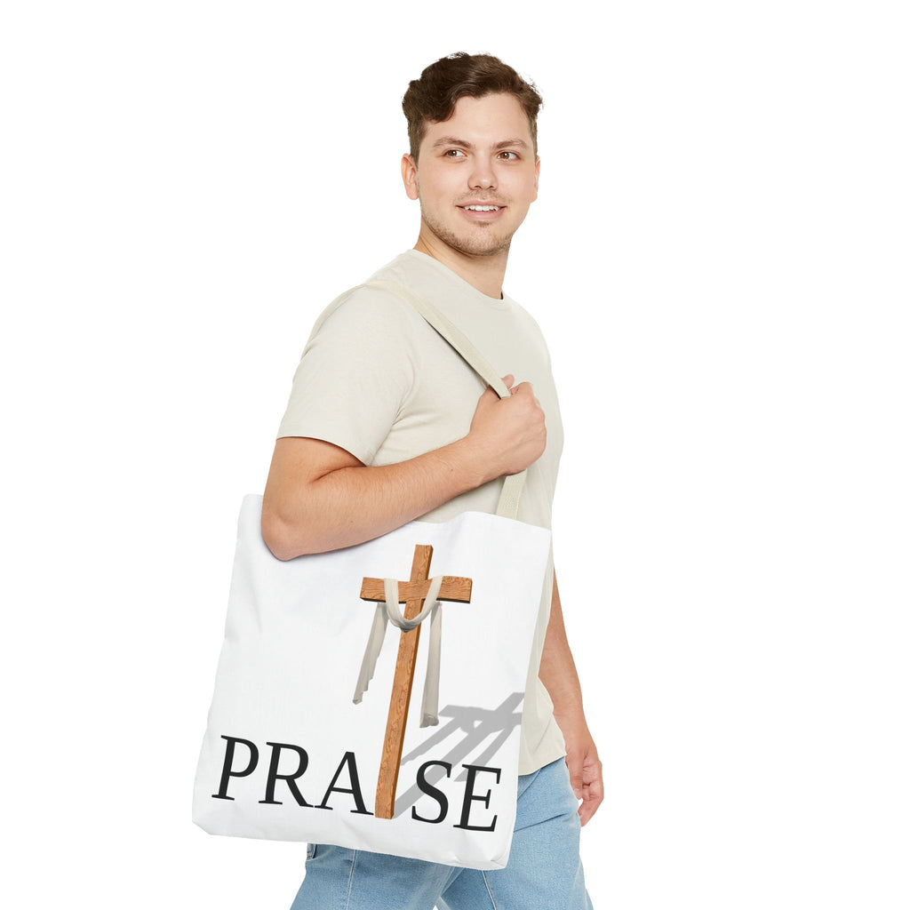 Praise and Worship White Cross Tote Bag | Christian Faith Design