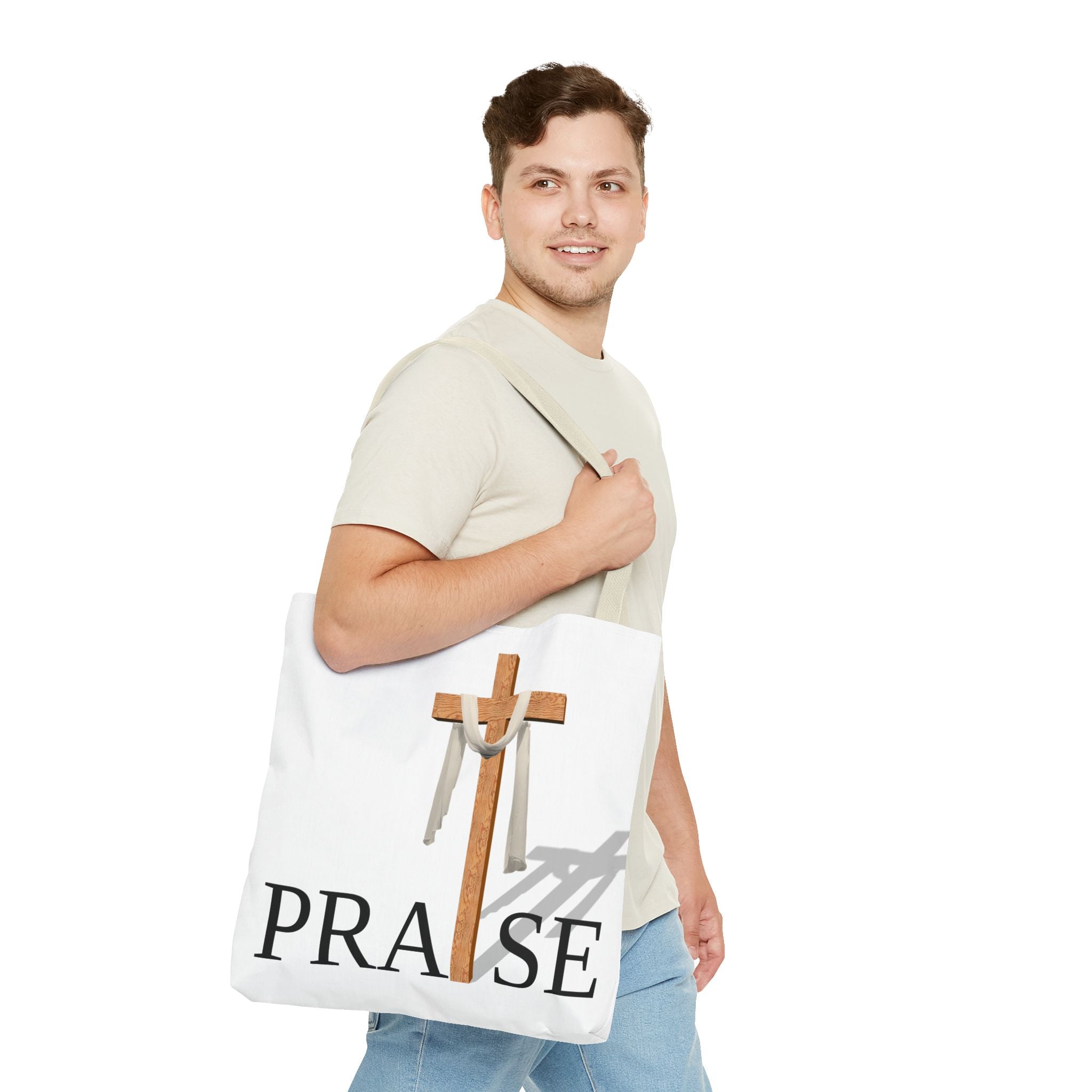 Praise and Worship White Cross Tote Bag | Christian Faith Design