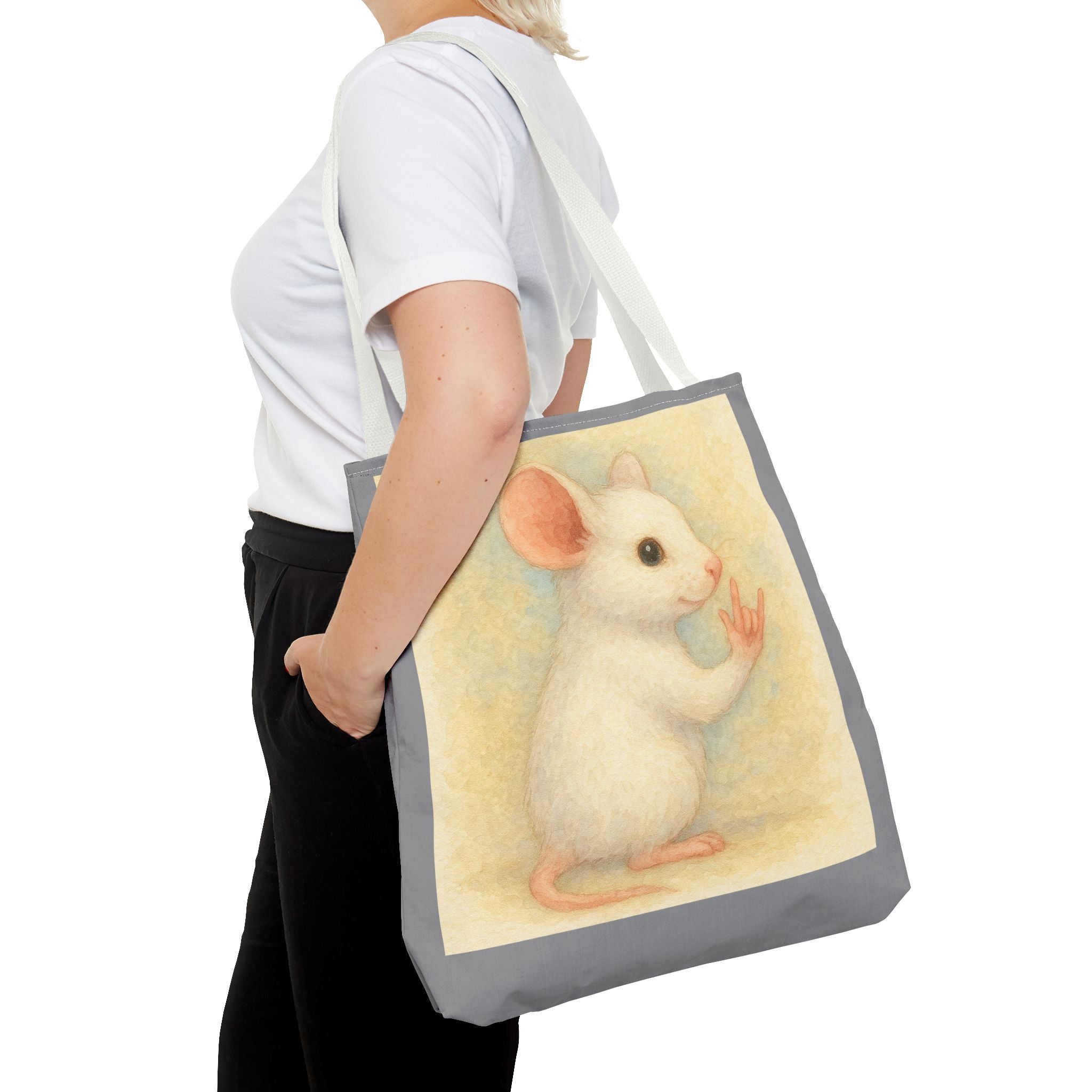 Tote Bag - White Mouse I Love You, Cute Animal Print, Carry-All Shoulder Bag, Reusable Shopping Tote, Gift for Animal Lovers