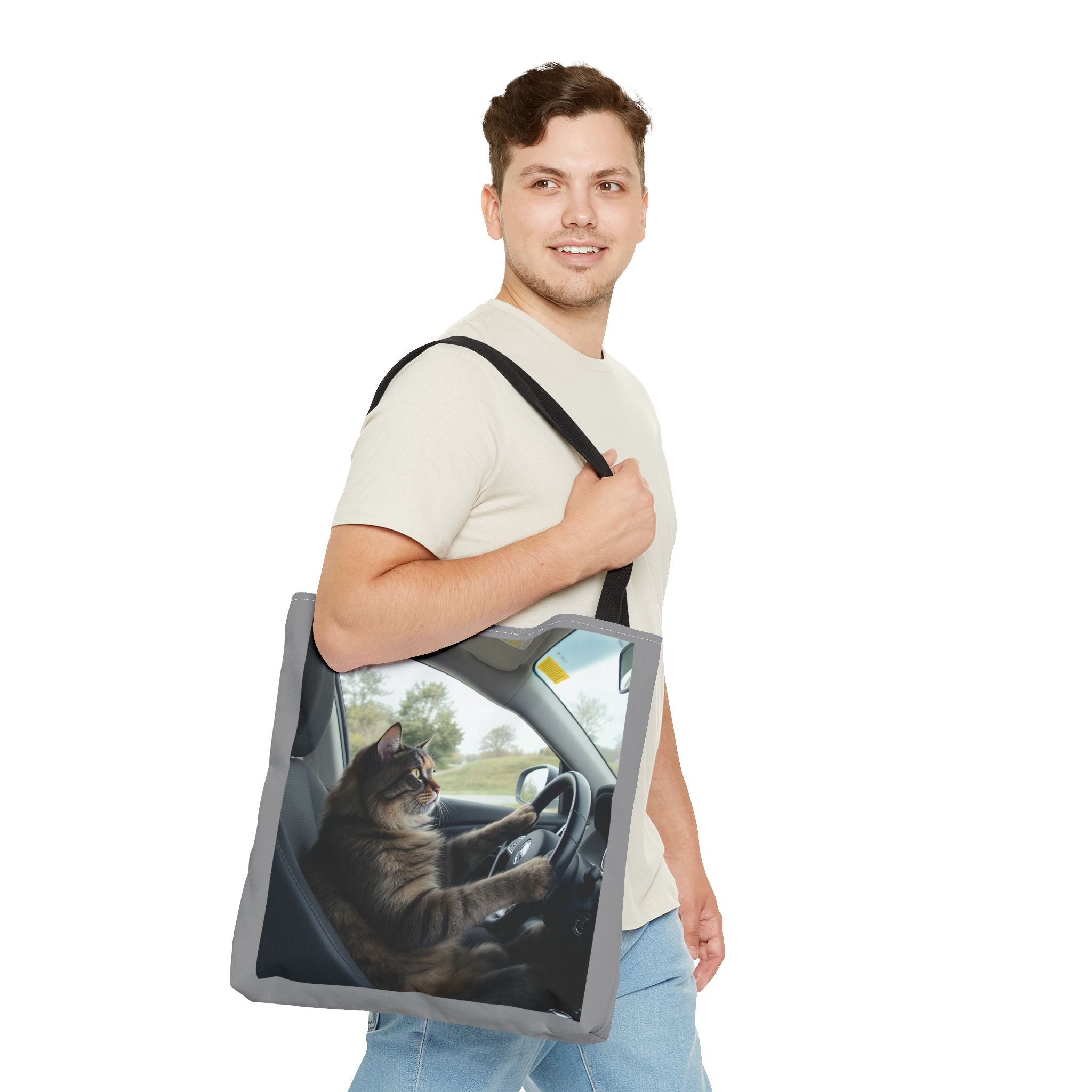 Cat in Car 2 Tote Bag, Cat Lover Gift, Animal Print Grocery Bag, Cute Kitten Shoulder Bag, Cat Lady Purse