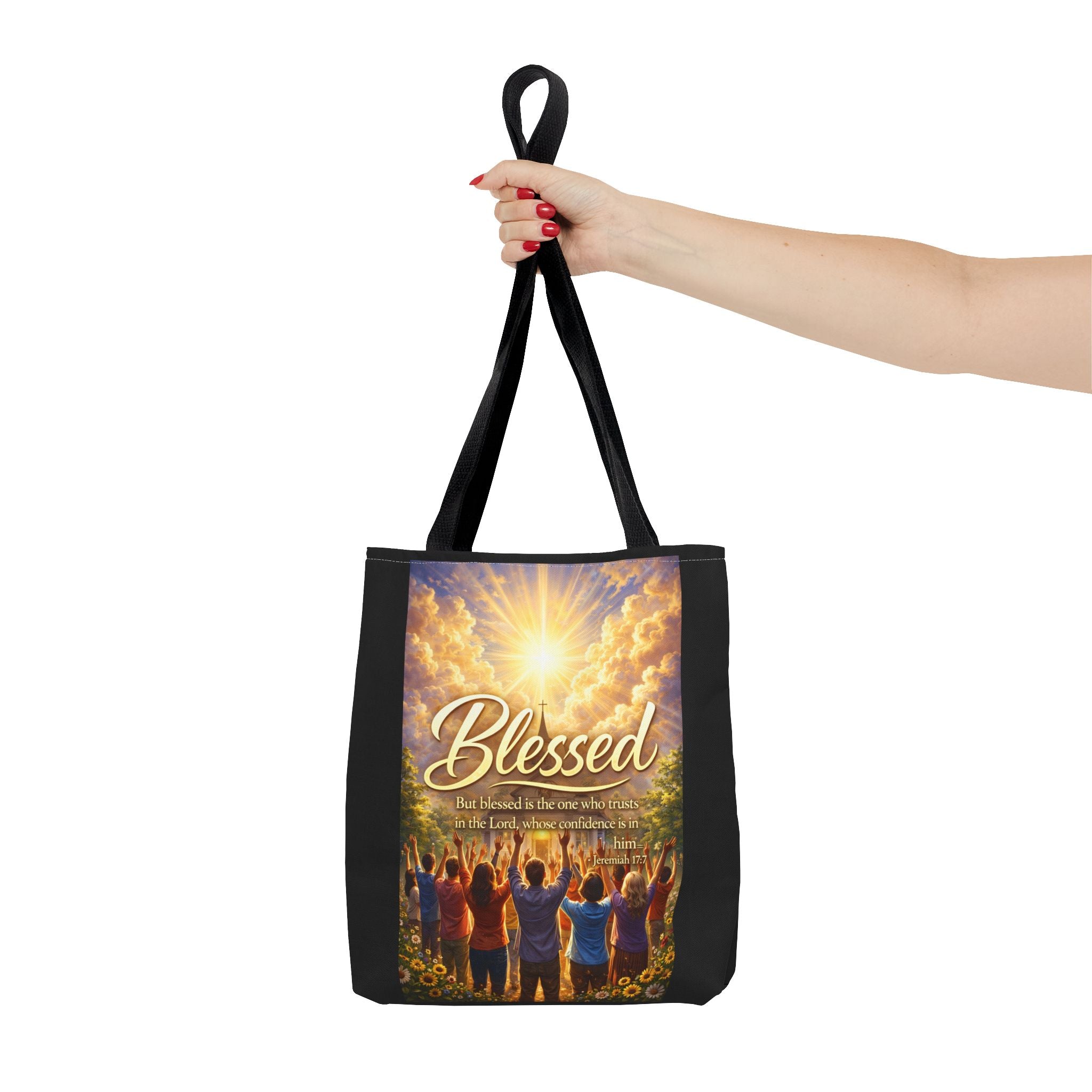 Blessed Script Tote Bag | Inspirational Religious Quote, All-Over Print