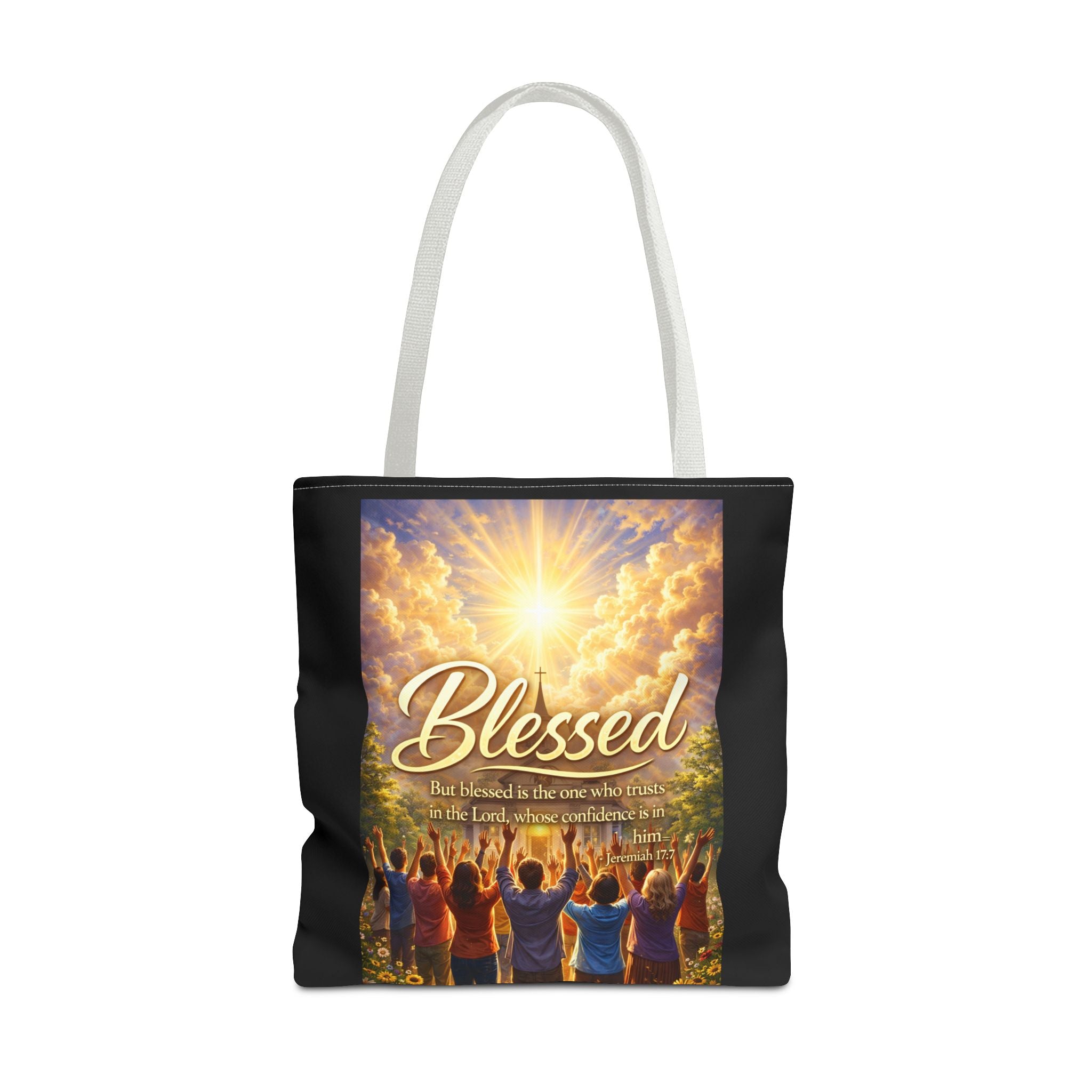 Blessed Script Tote Bag | Inspirational Religious Quote, All-Over Print