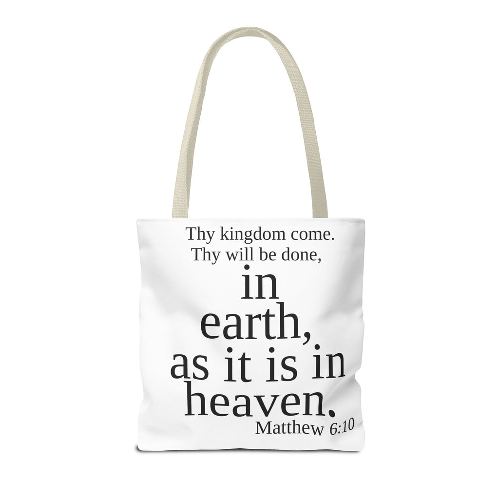 Personalized White Matthew 6:10 Bible Verse Tote Bag, City Or State | Market Grocery Craft Festival Outing, Lightweight Sturdy Polyester