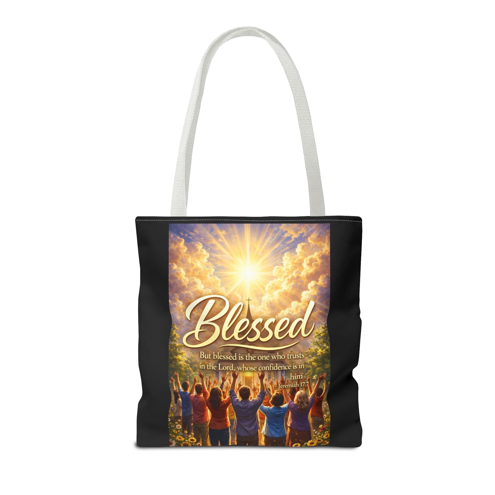 Blessed Script Tote Bag | Inspirational Religious Quote, All-Over Print