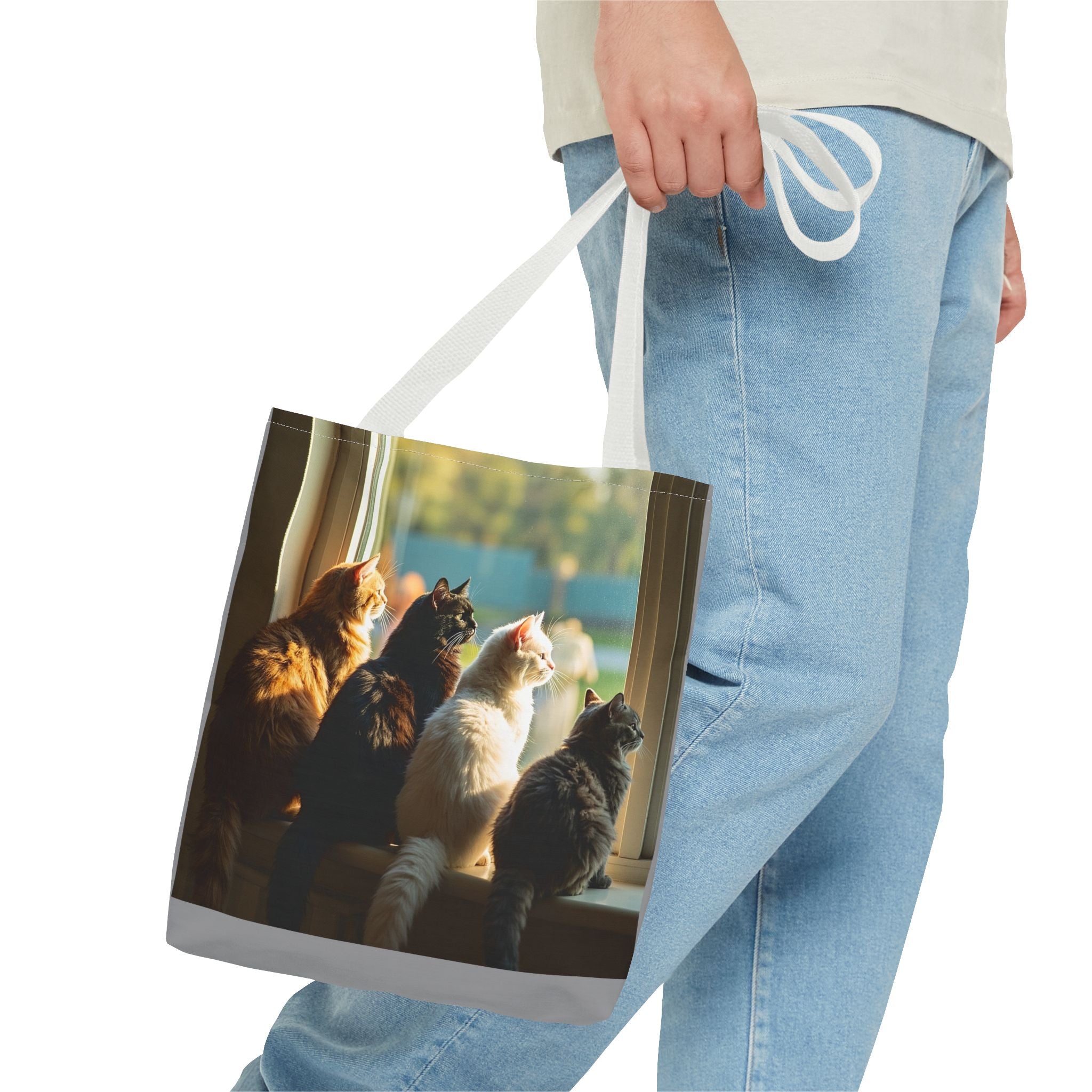 Tote Bag - Four Cats in Window, Carry-All Shoulder Bag, Reusable Shopping Tote, Gift for Animal Lovers